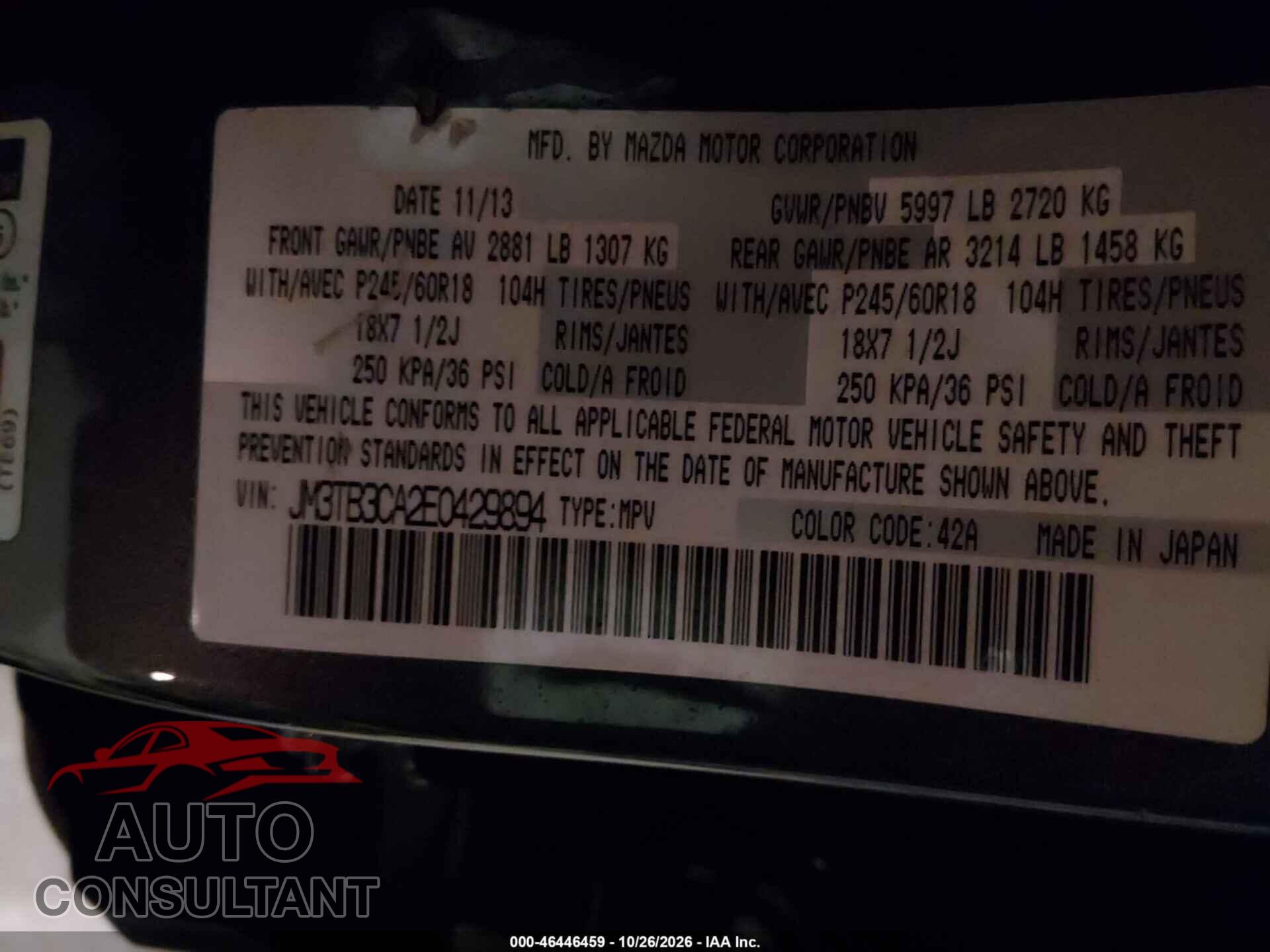 MAZDA CX-9 2014 - JM3TB3CA2E0429894
