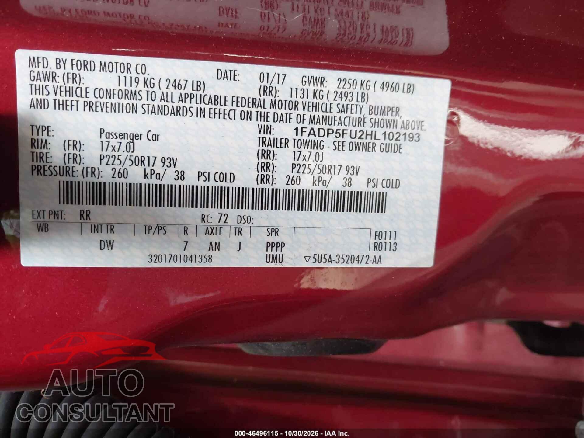FORD C-MAX ENERGI 2017 - 1FADP5FU2HL102193