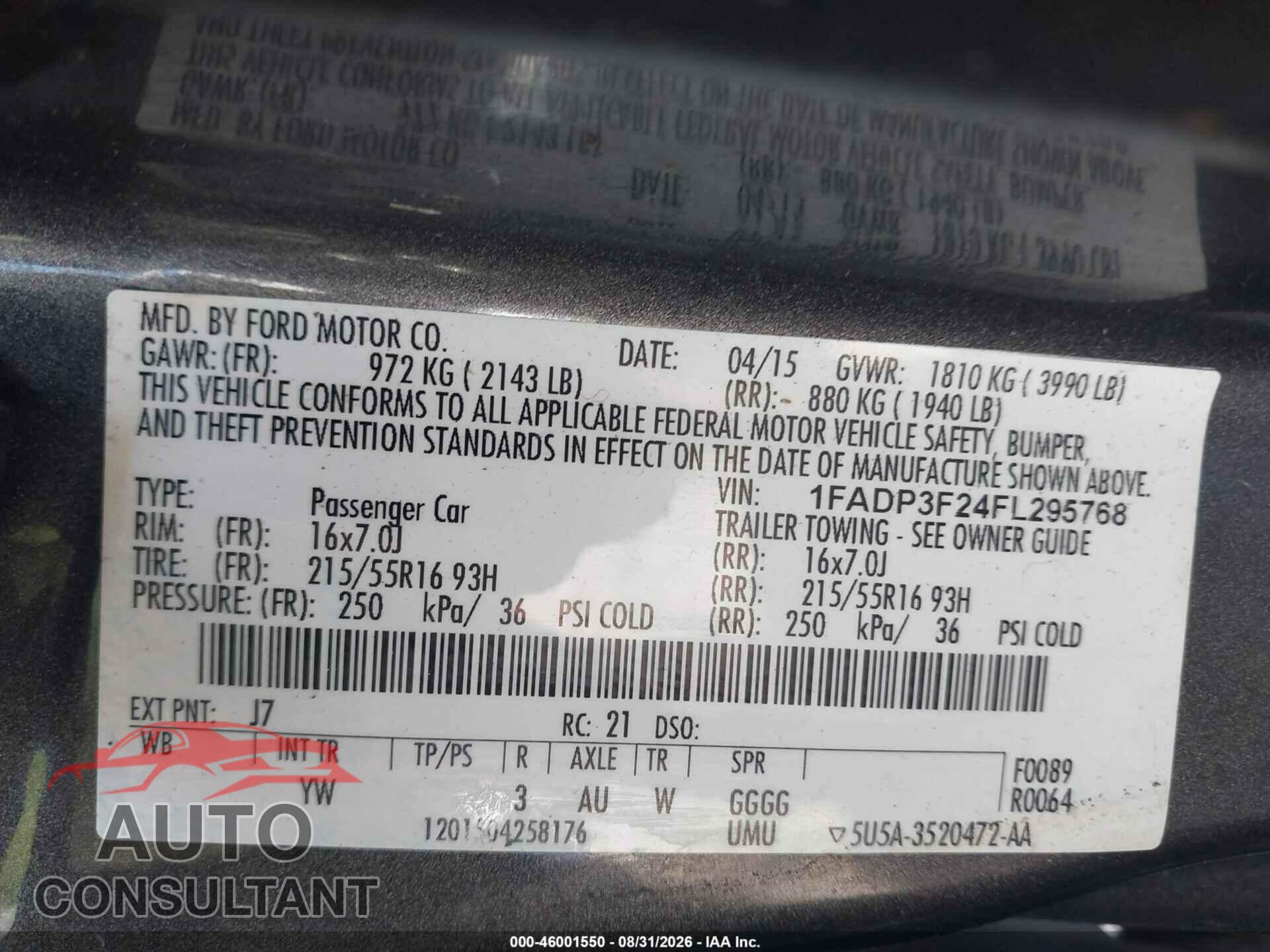 FORD FOCUS 2015 - 1FADP3F24FL295768