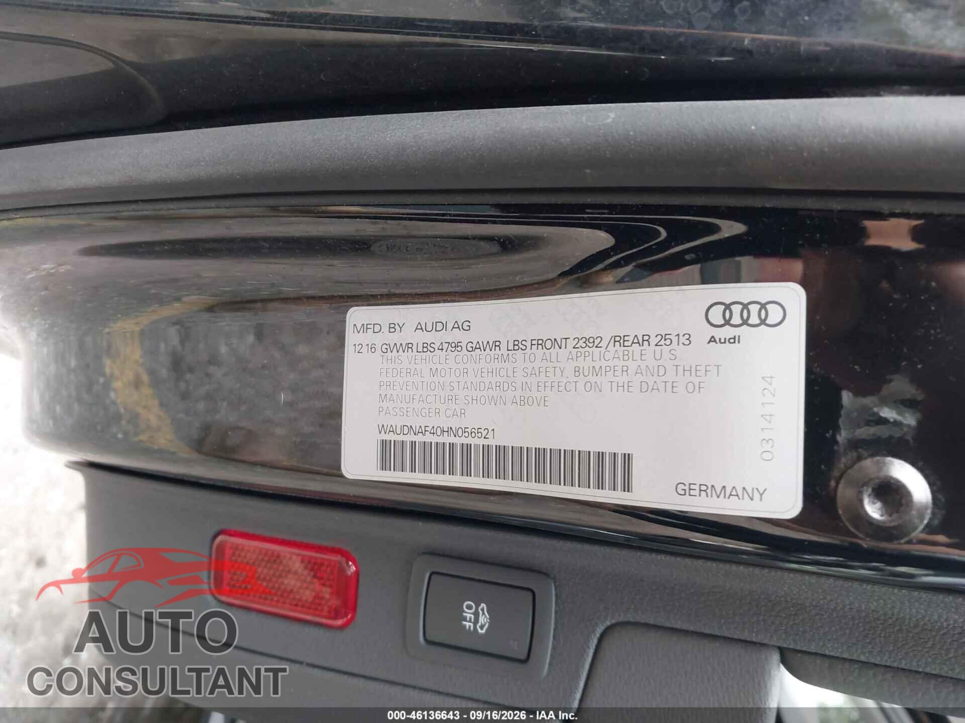 AUDI A4 2017 - WAUDNAF40HN056521