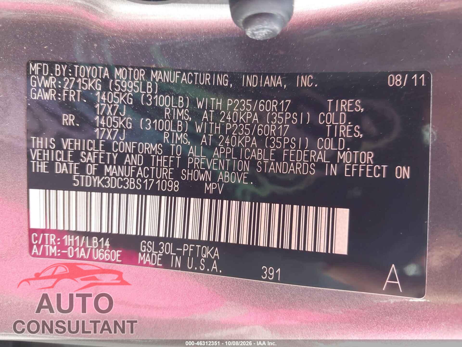 TOYOTA SIENNA 2011 - 5TDYK3DC3BS171098