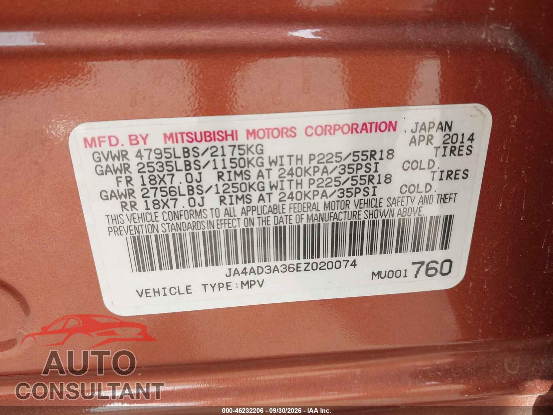 MITSUBISHI OUTLANDER 2014 - JA4AD3A36EZ020074