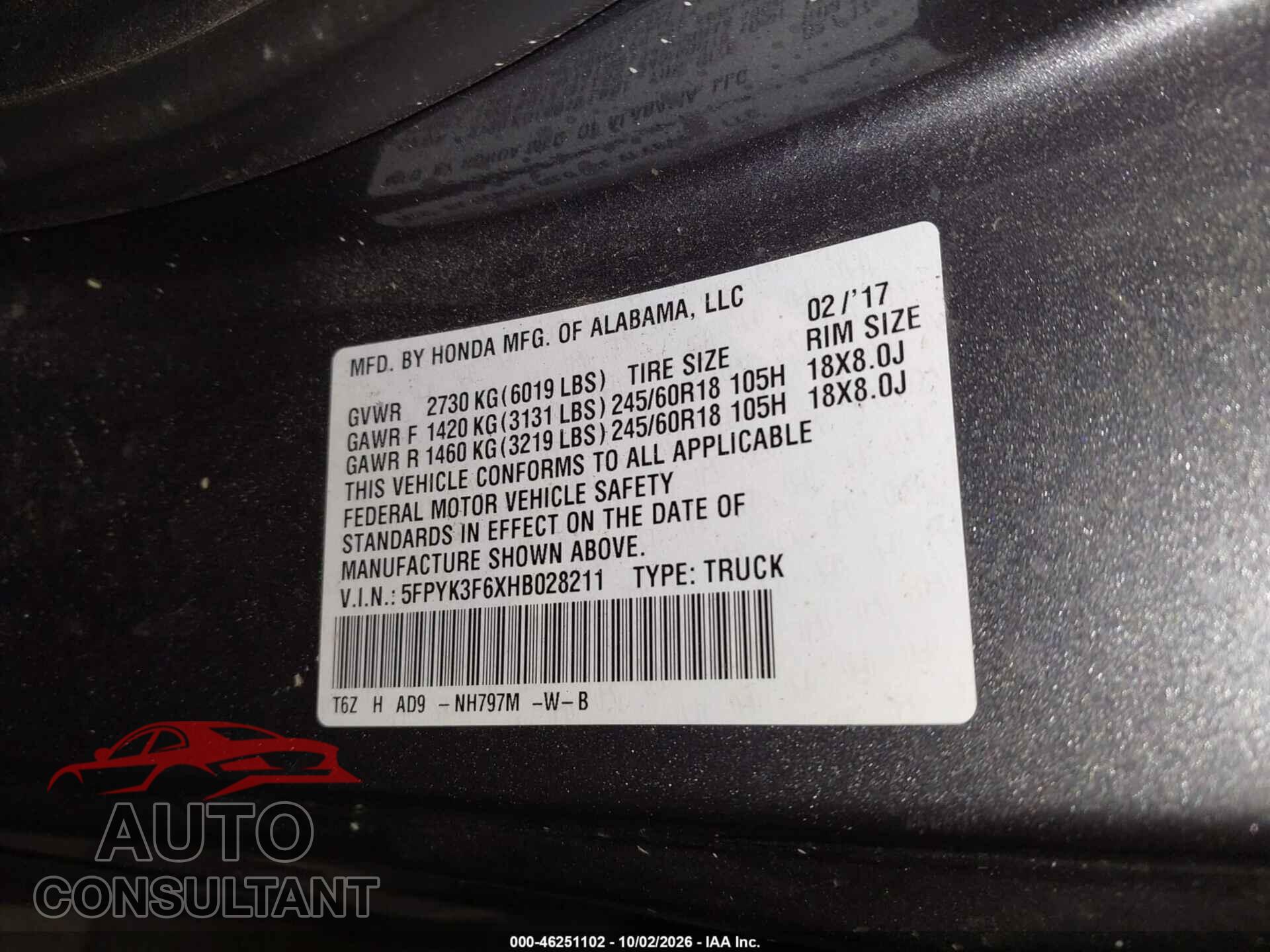 HONDA RIDGELINE 2017 - 5FPYK3F6XHB028211