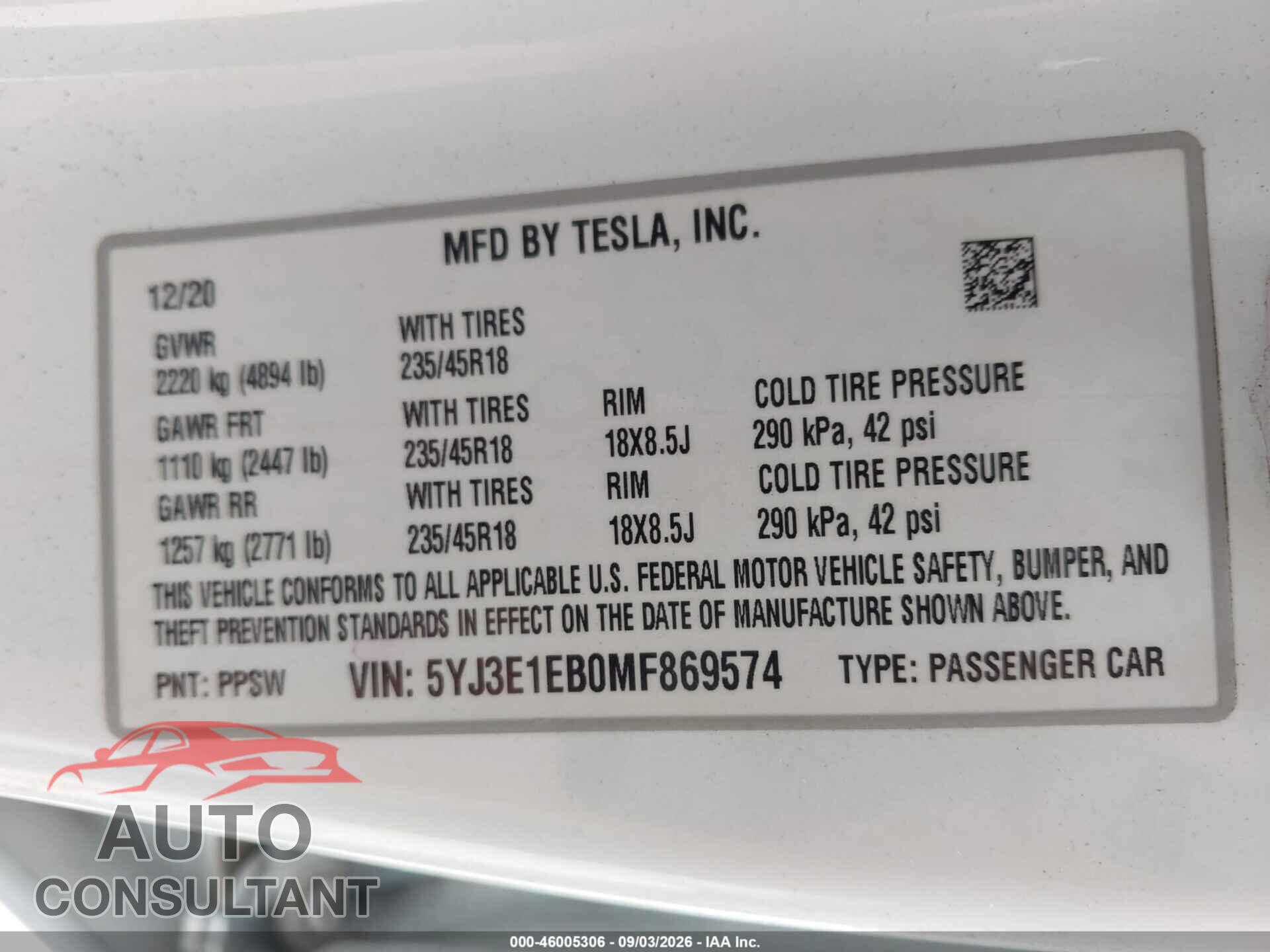TESLA MODEL 3 2021 - 5YJ3E1EB0MF869574