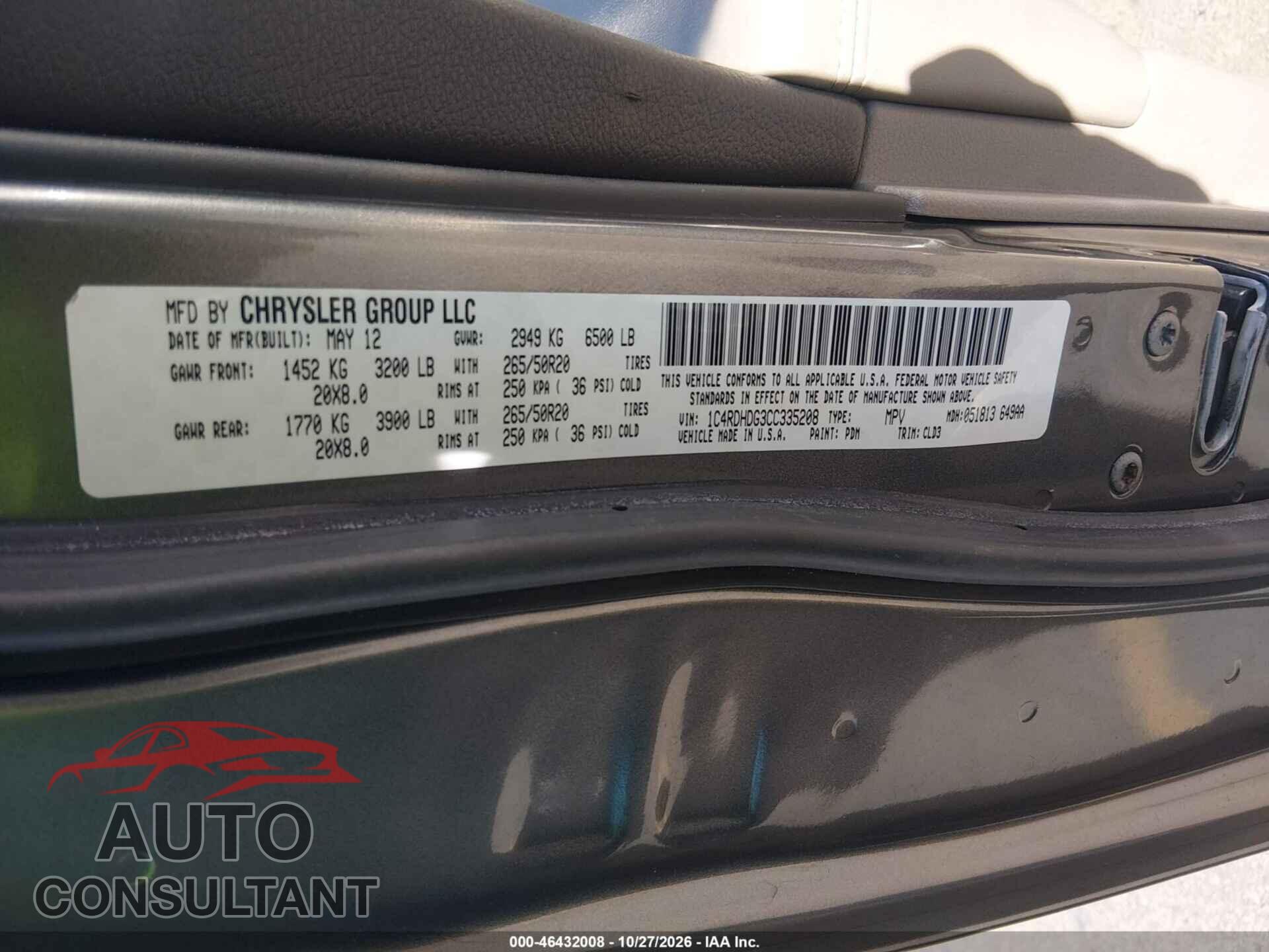 DODGE DURANGO 2012 - 1C4RDHDG3CC335208