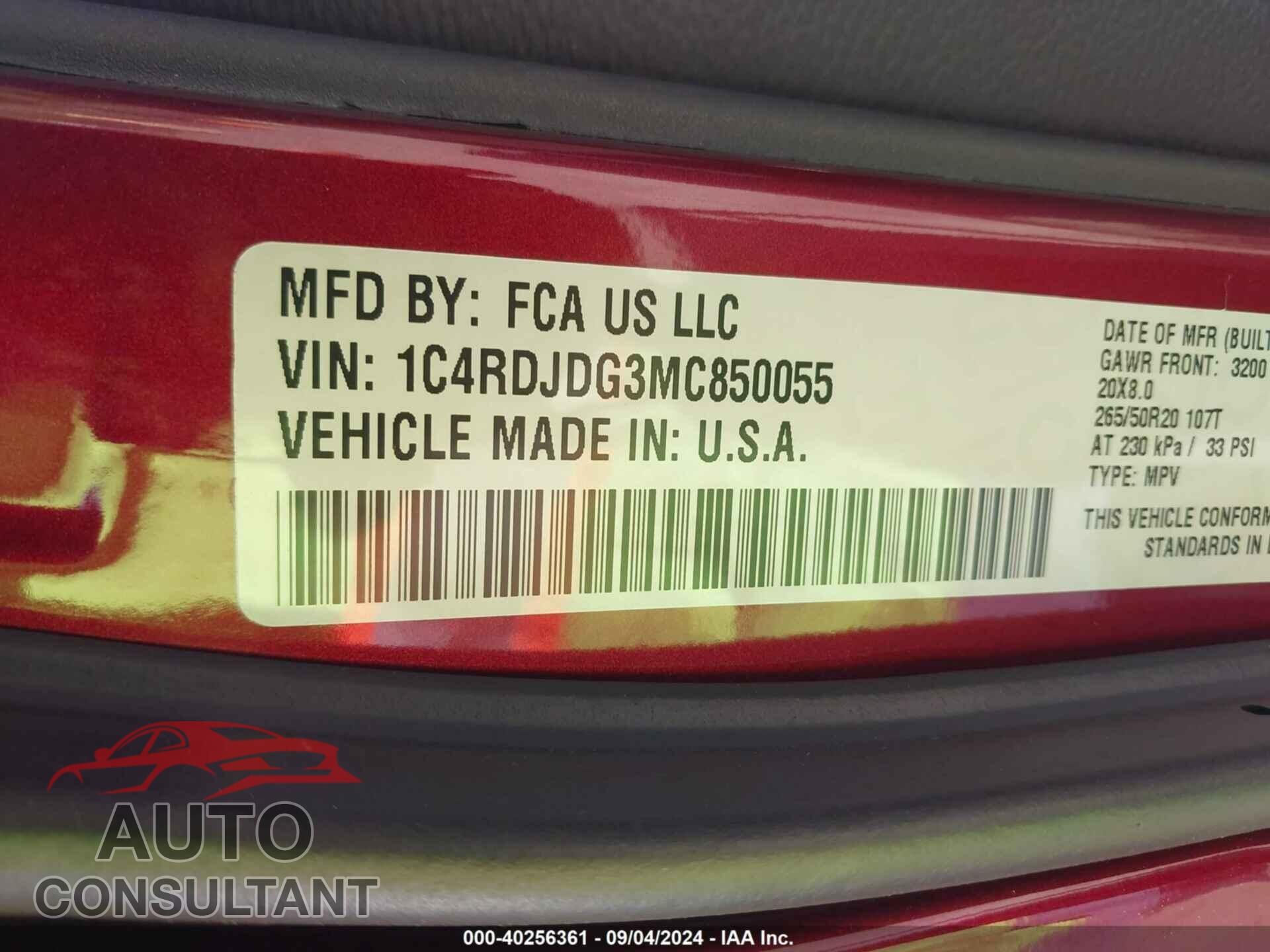 DODGE DURANGO 2021 - 1C4RDJDG3MC850055