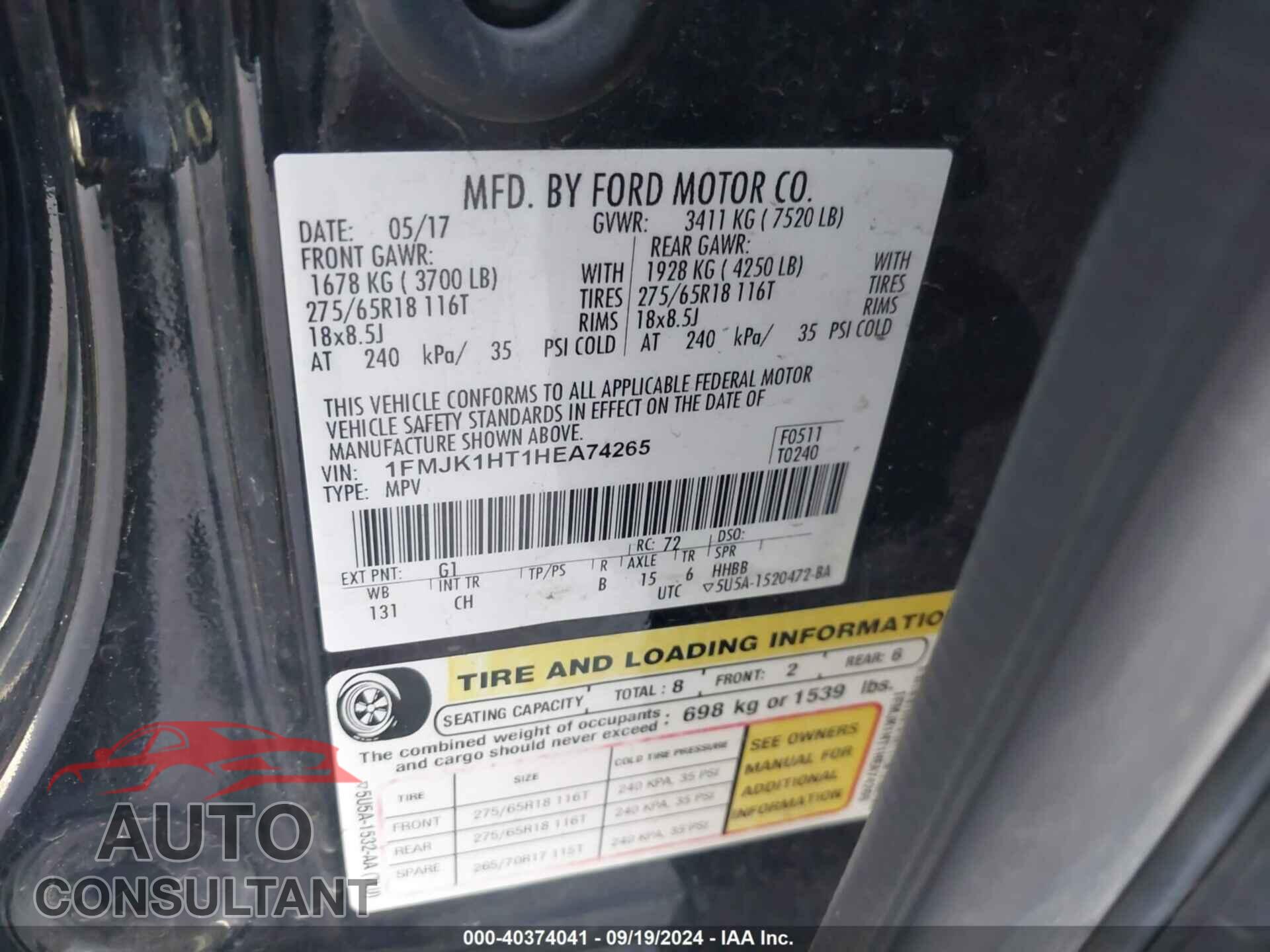 FORD EXPEDITION EL 2017 - 1FMJK1HT1HEA74265
