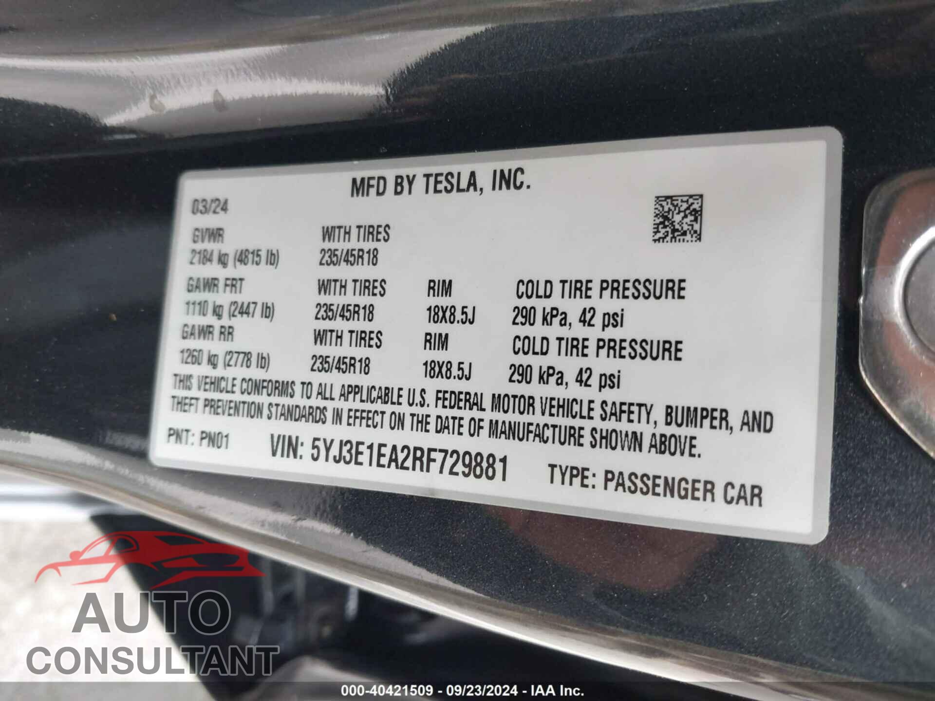 TESLA MODEL 3 2024 - 5YJ3E1EA2RF729881