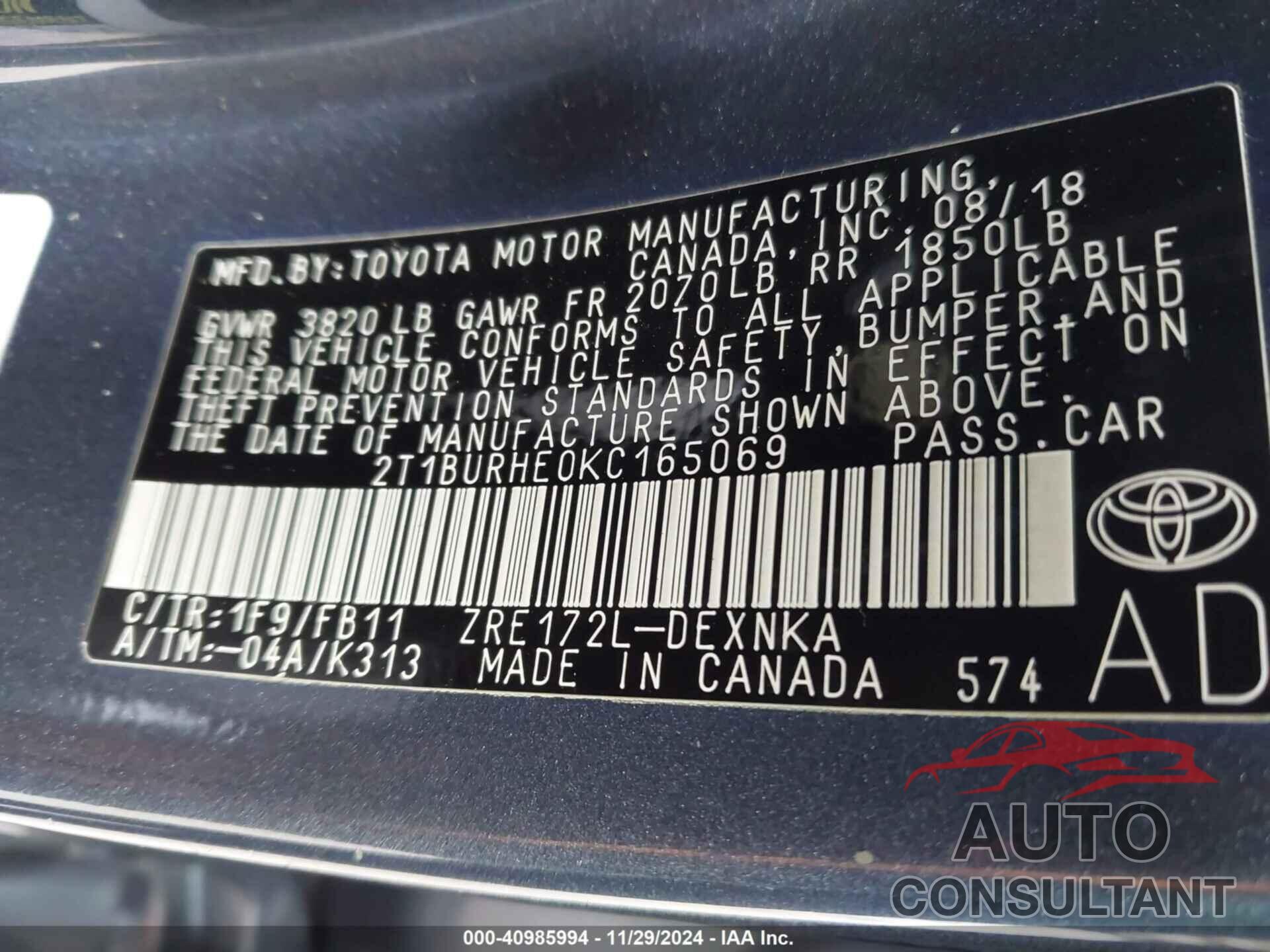 TOYOTA COROLLA 2019 - 2T1BURHE0KC165069