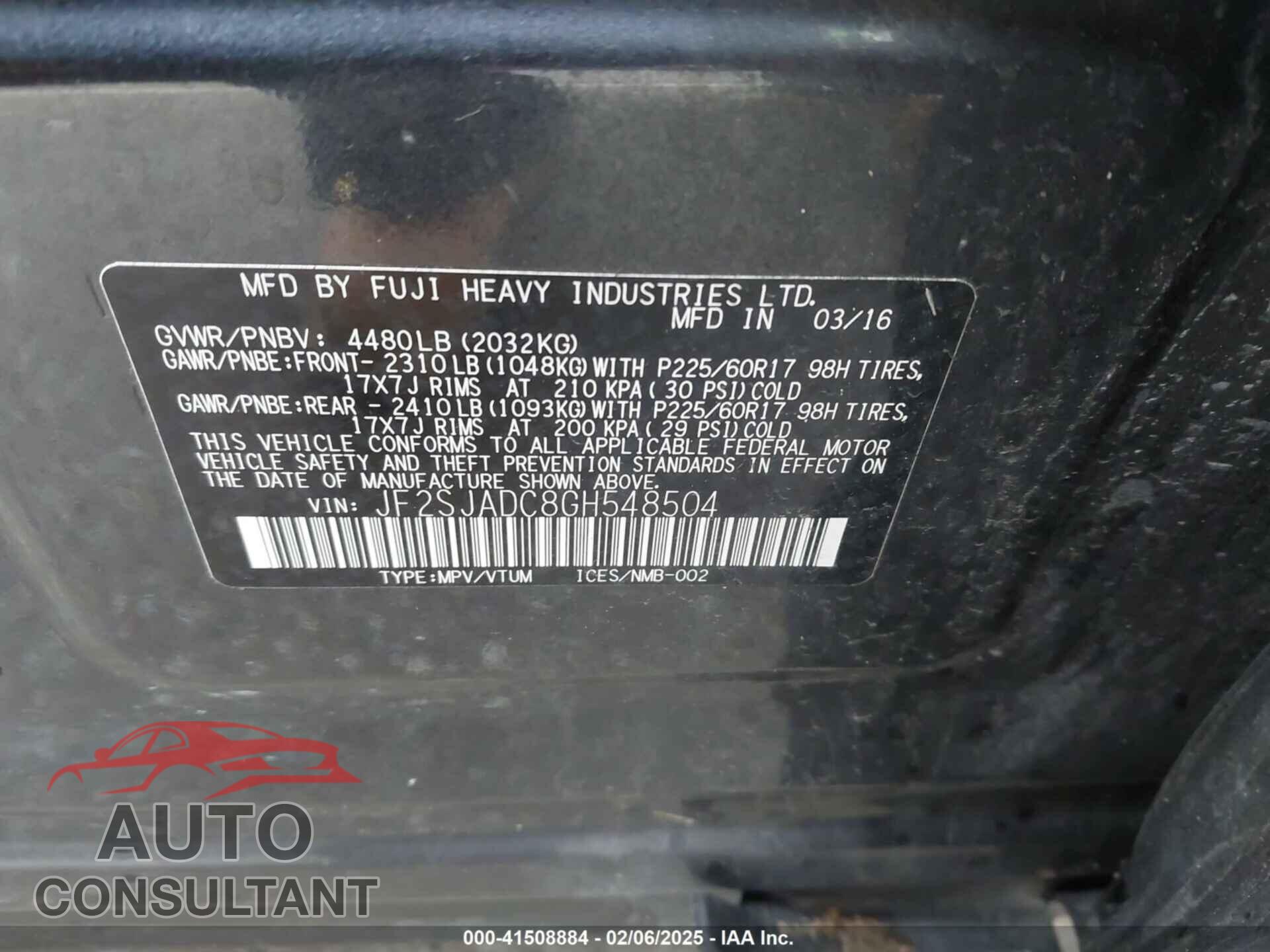 SUBARU FORESTER 2016 - JF2SJADC8GH548504