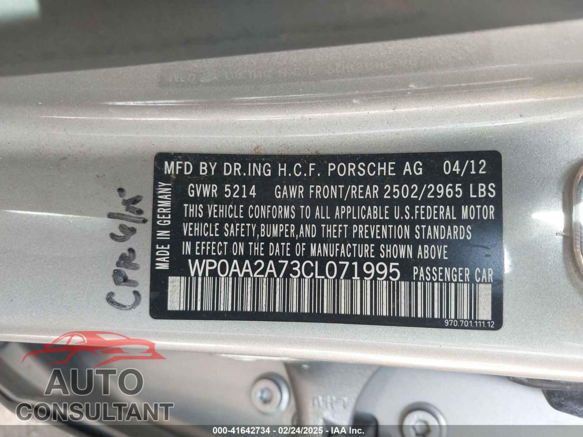 PORSCHE PANAMERA 2012 - WP0AA2A73CL071995