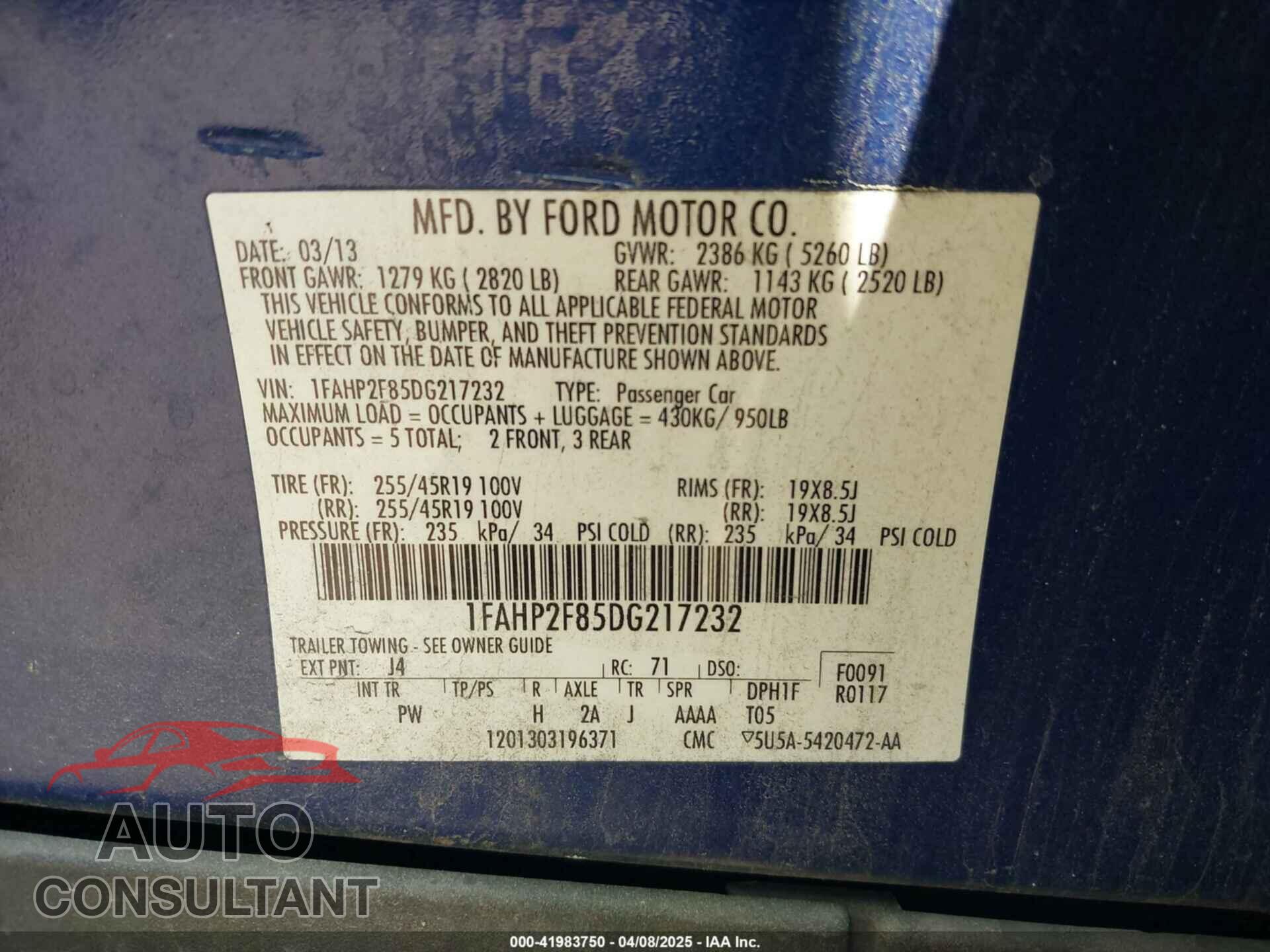 FORD TAURUS 2013 - 1FAHP2F85DG217232