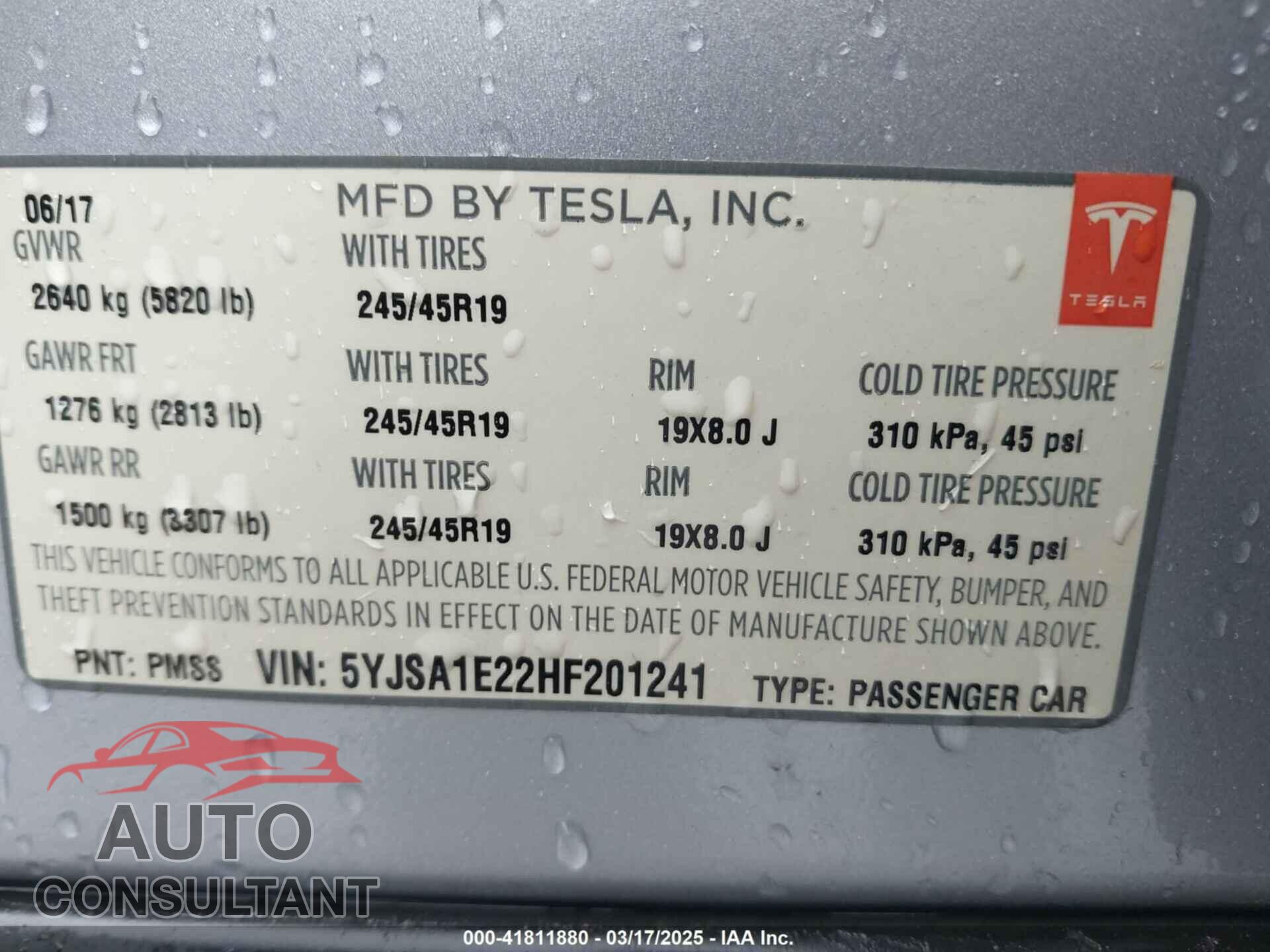 TESLA MODEL S 2017 - 5YJSA1E22HF201241