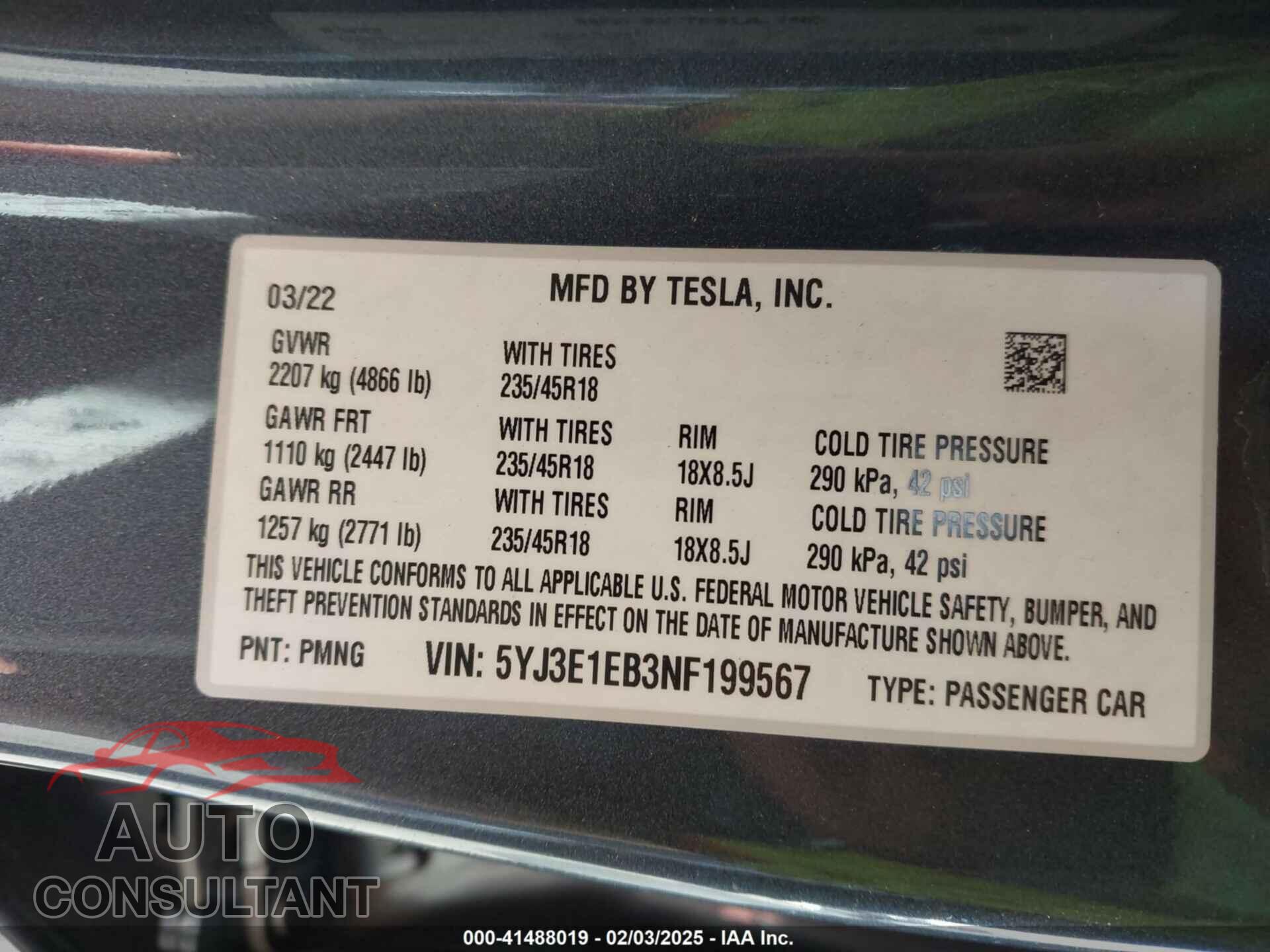 TESLA MODEL 3 2022 - 5YJ3E1EB3NF199567