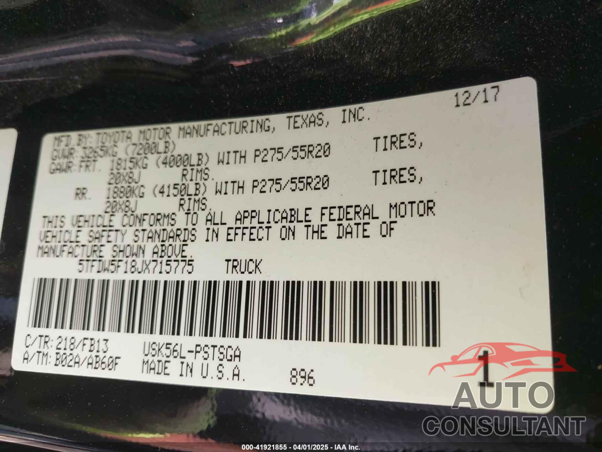 TOYOTA TUNDRA 2018 - 5TFDW5F18JX715775