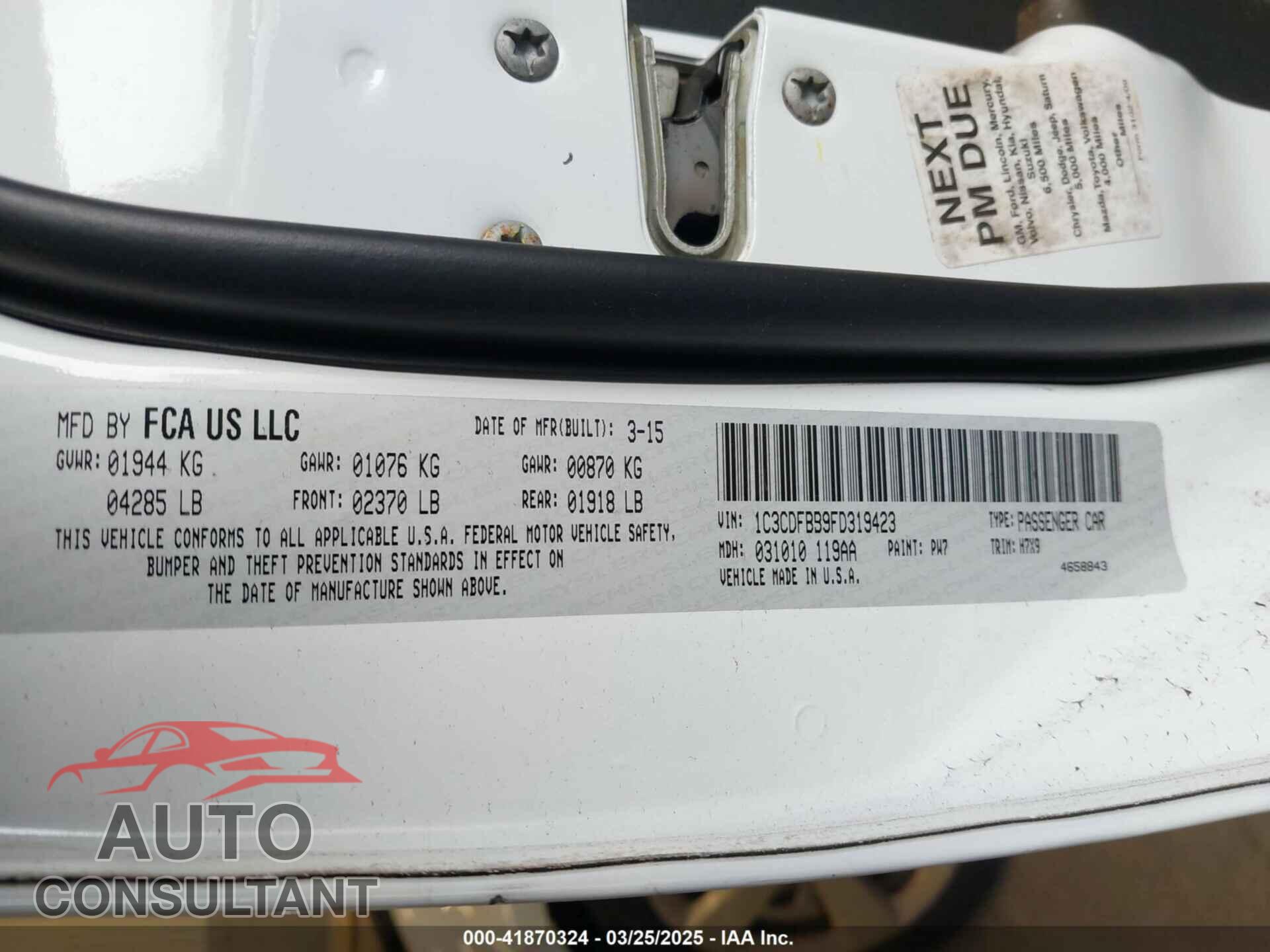DODGE DART 2015 - 1C3CDFBB9FD319423
