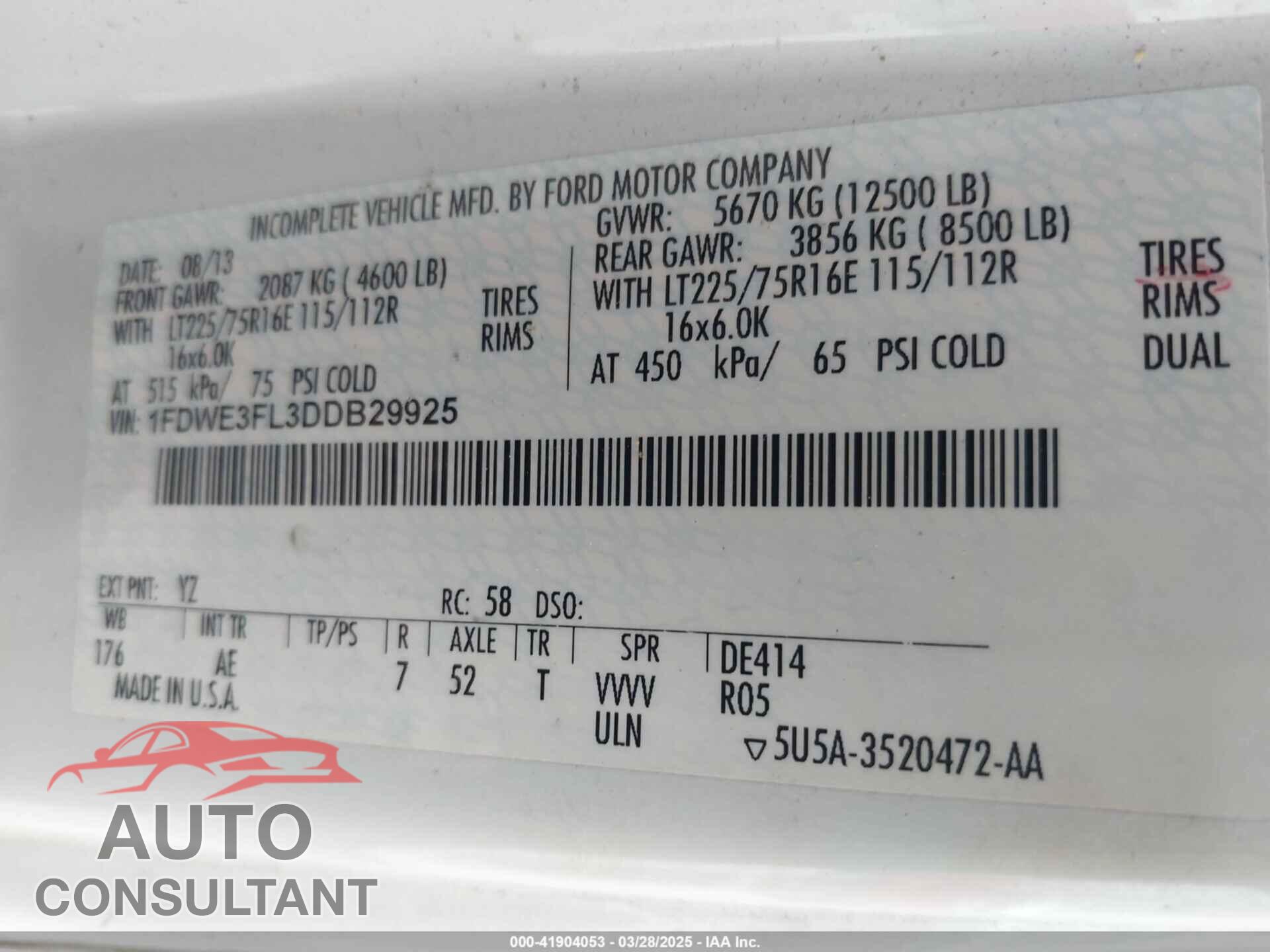 FORD E-350 CUTAWAY 2013 - 1FDWE3FL3DDB29925