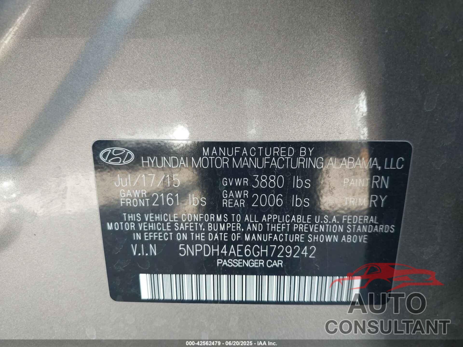 HYUNDAI ELANTRA 2016 - 5NPDH4AE6GH729242