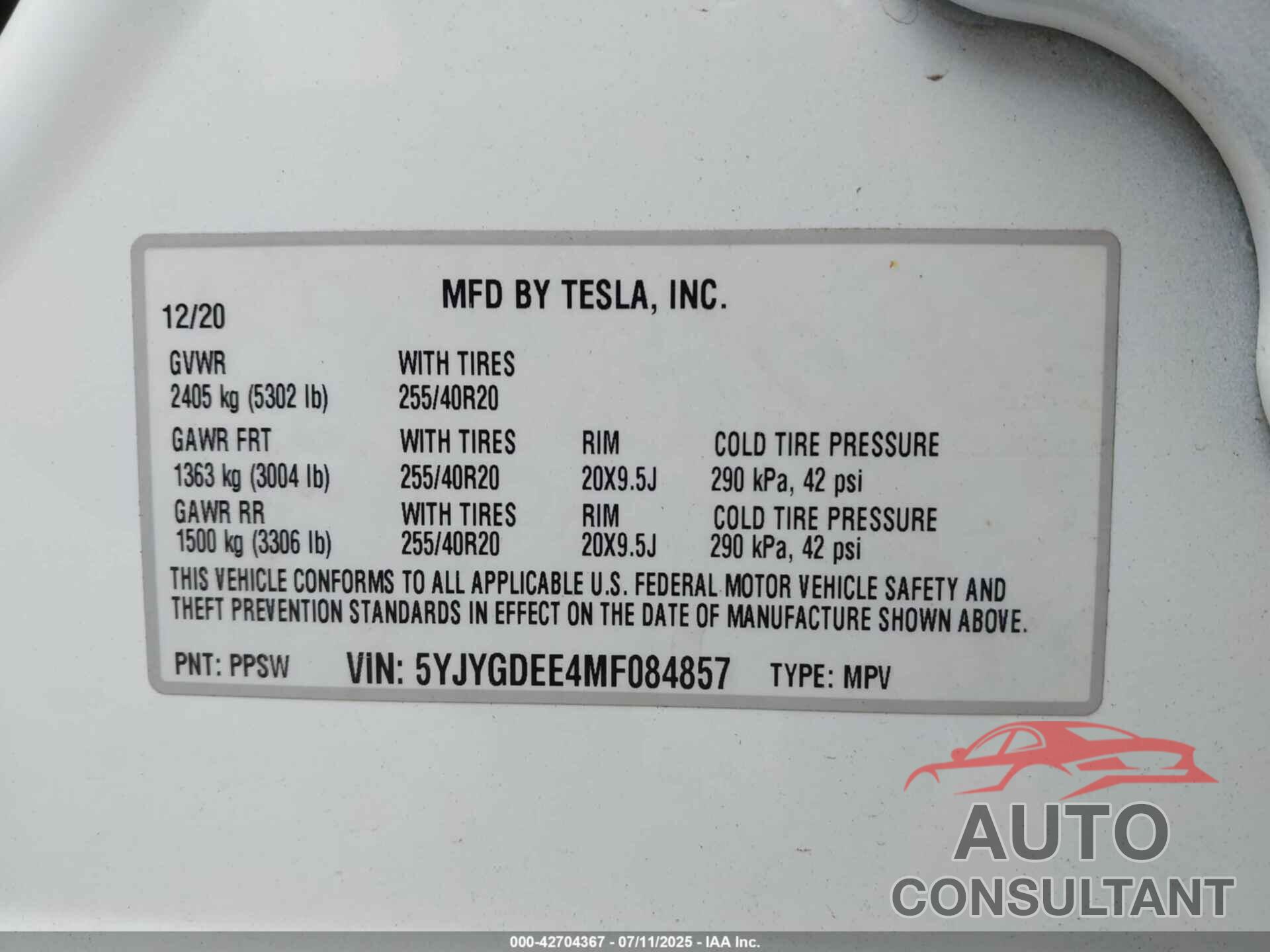 TESLA MODEL Y 2021 - 5YJYGDEE4MF084857