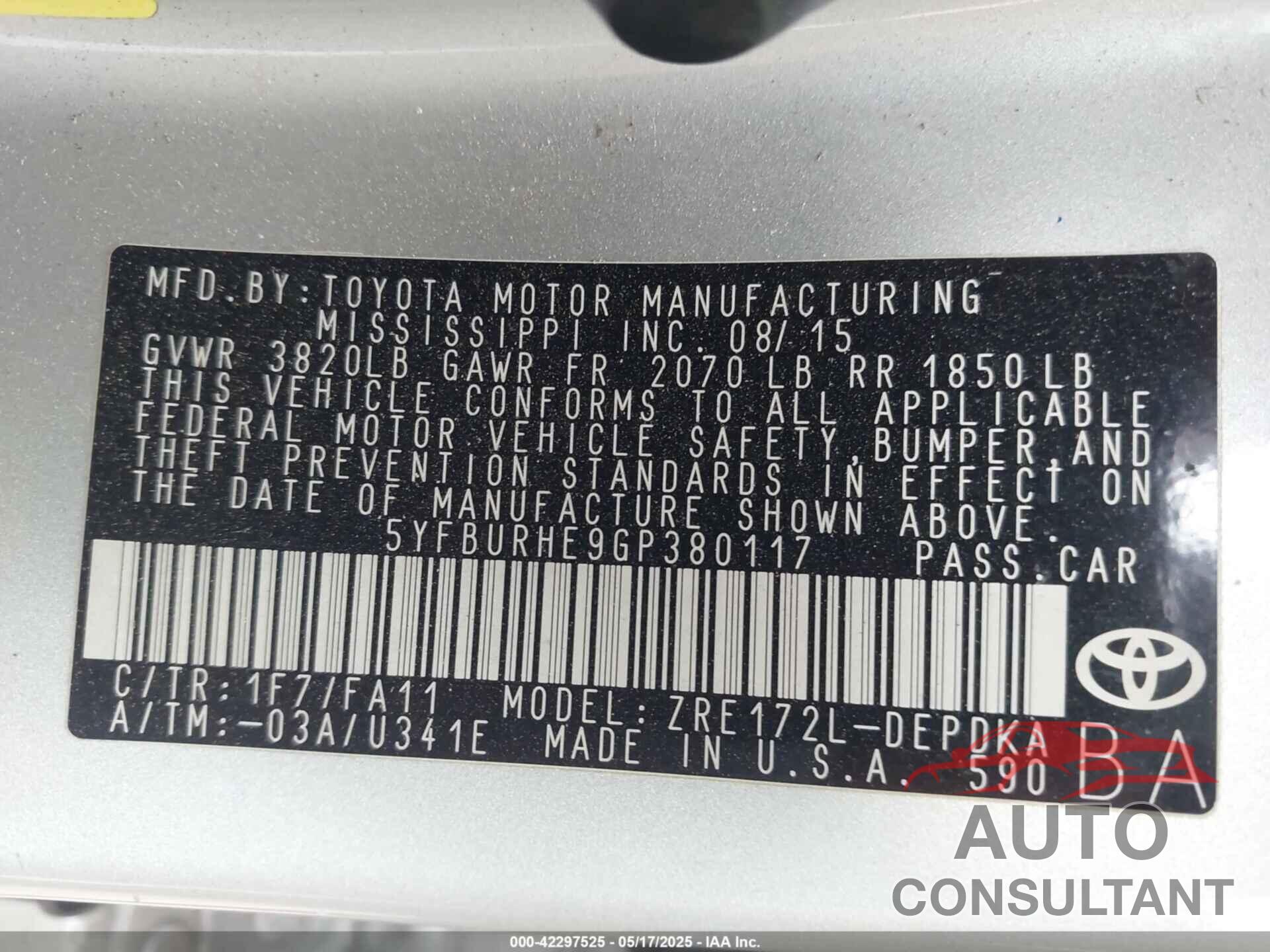 TOYOTA COROLLA 2016 - 5YFBURHE9GP380117