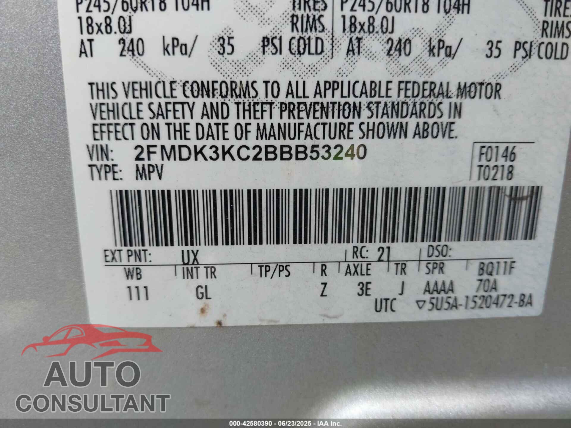 FORD EDGE 2011 - 2FMDK3KC2BBB53240