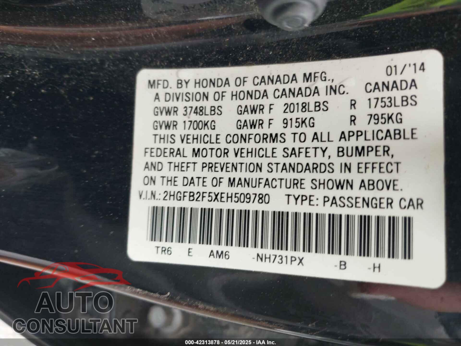 HONDA CIVIC 2014 - 2HGFB2F5XEH509780