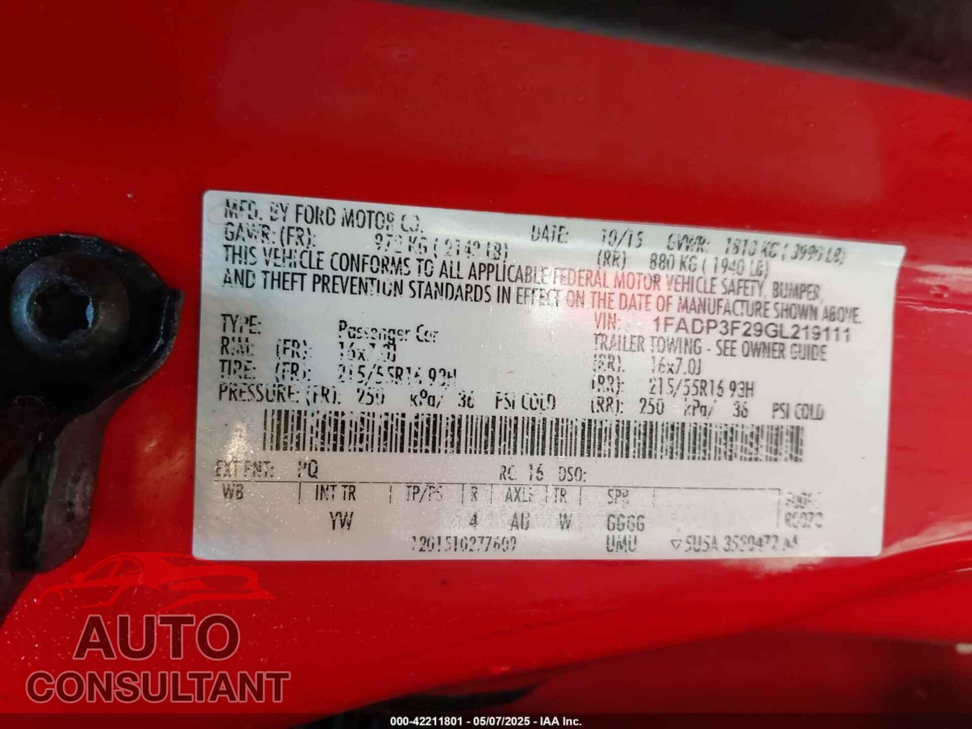 FORD FOCUS 2016 - 1FADP3F29GL219111