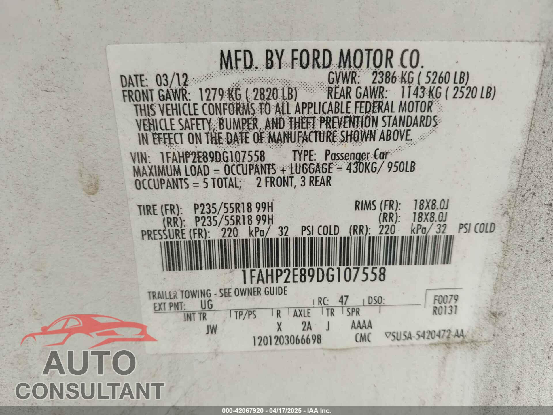 FORD TAURUS 2013 - 1FAHP2E89DG107558
