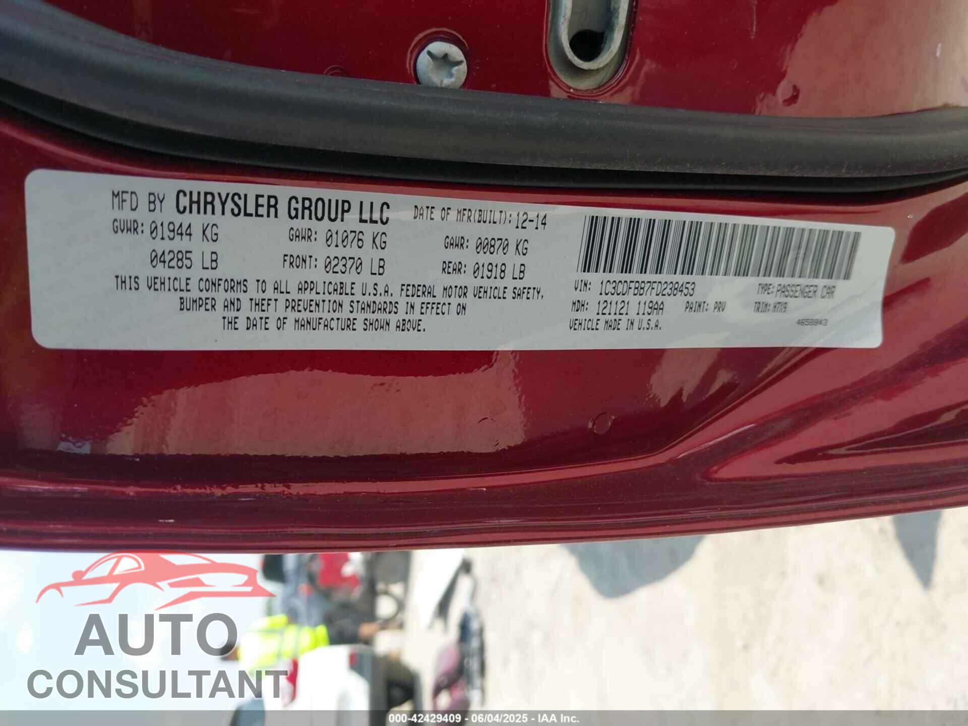 DODGE DART 2015 - 1C3CDFBB7FD238453