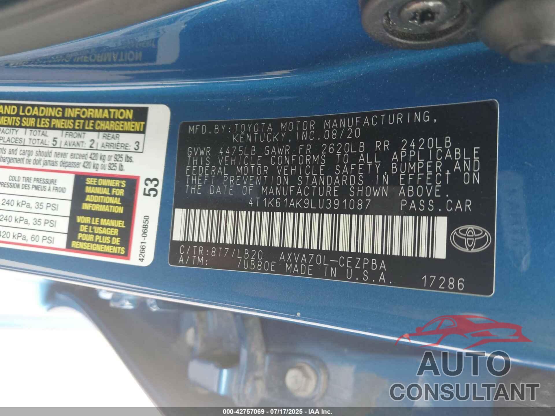 TOYOTA CAMRY 2020 - 4T1K61AK9LU391087