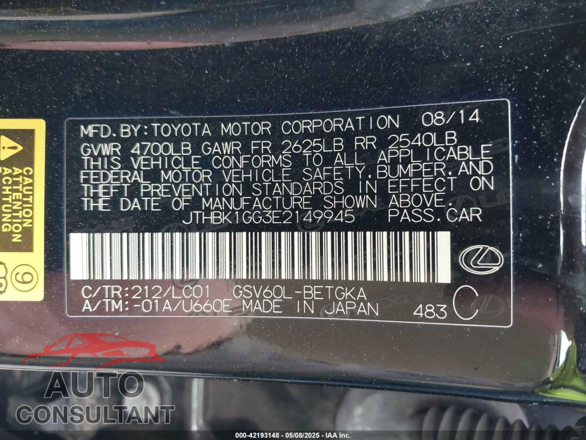 LEXUS ES 350 2014 - JTHBK1GG3E2149945