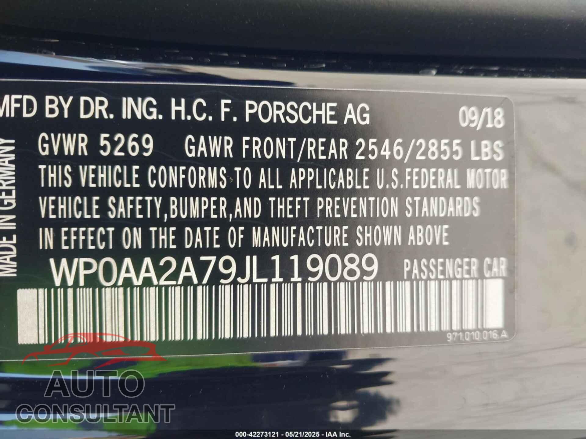 PORSCHE PANAMERA 2018 - WP0AA2A79JL119089