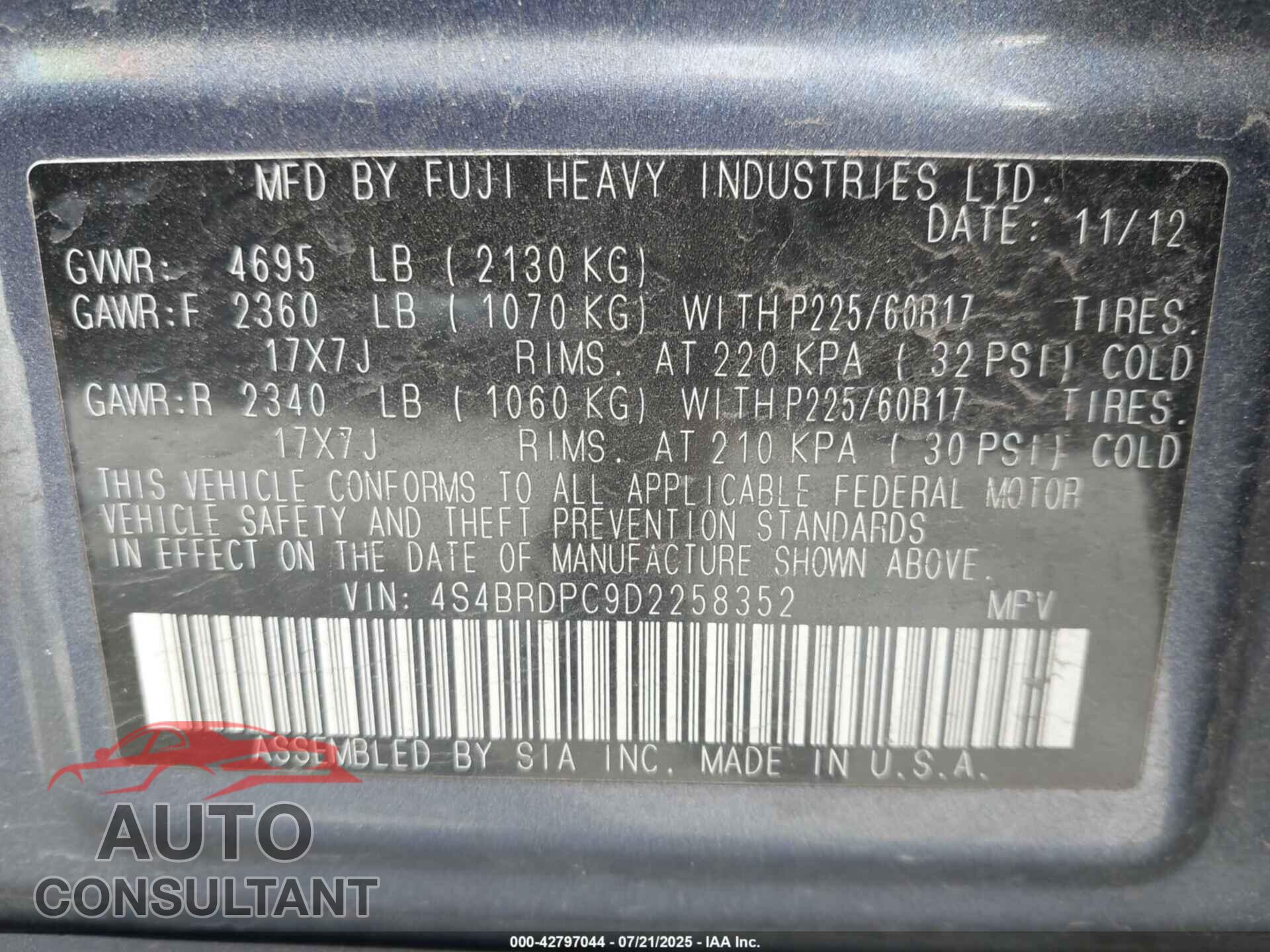 SUBARU OUTBACK 2013 - 4S4BRDPC9D2258352