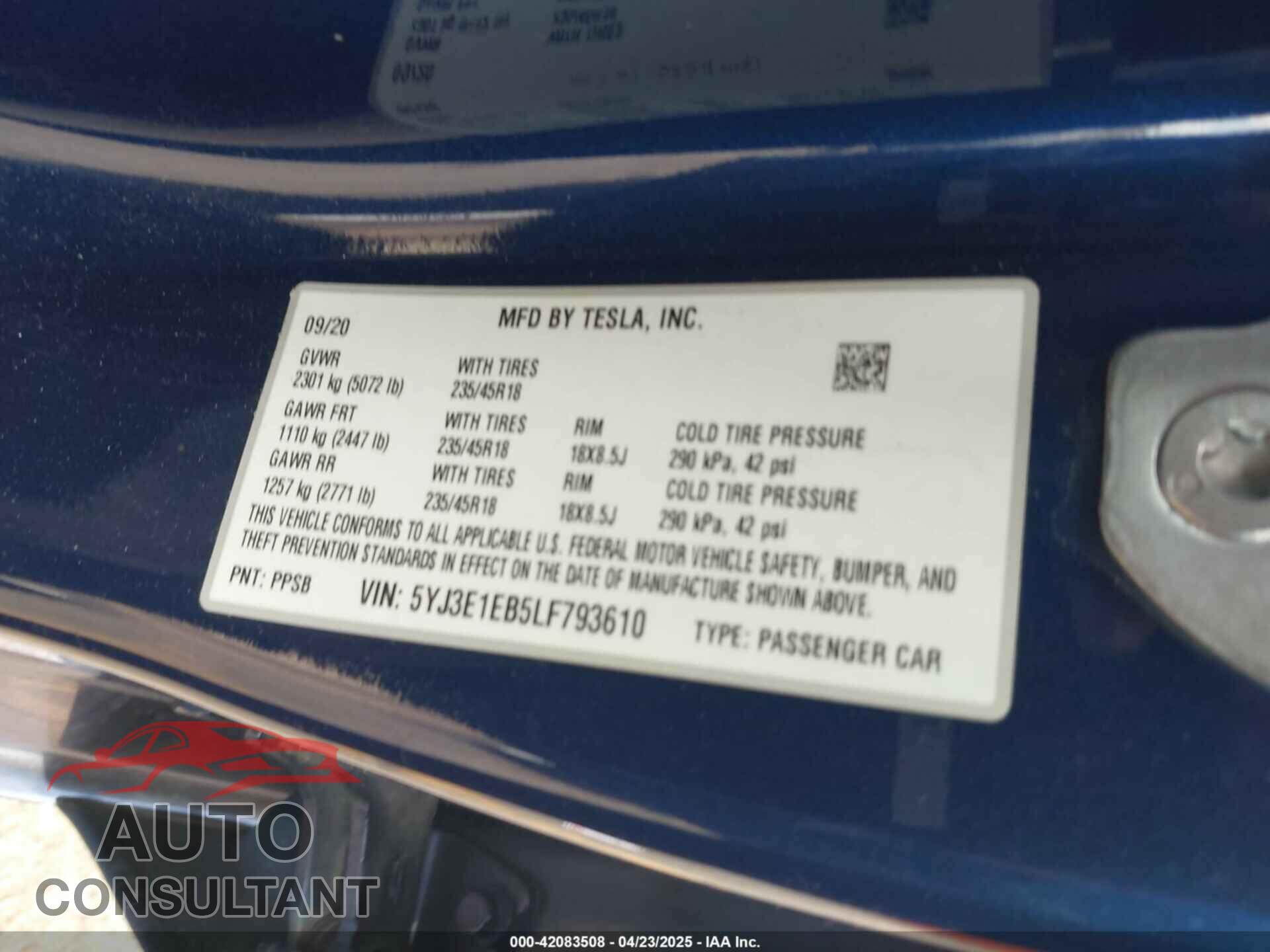 TESLA MODEL 3 2020 - 5YJ3E1EB5LF793610