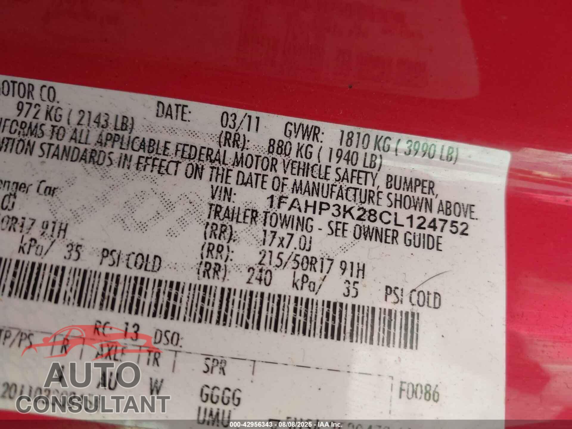 FORD FOCUS 2012 - 1FAHP3K28CL124752