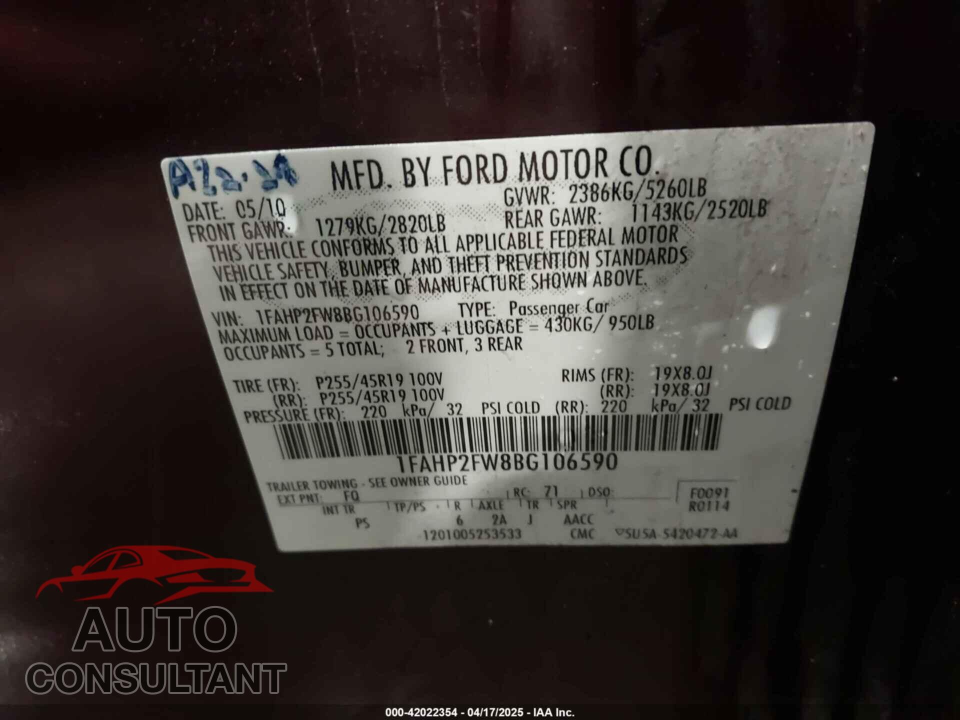 FORD TAURUS 2011 - 1FAHP2FW8BG106590