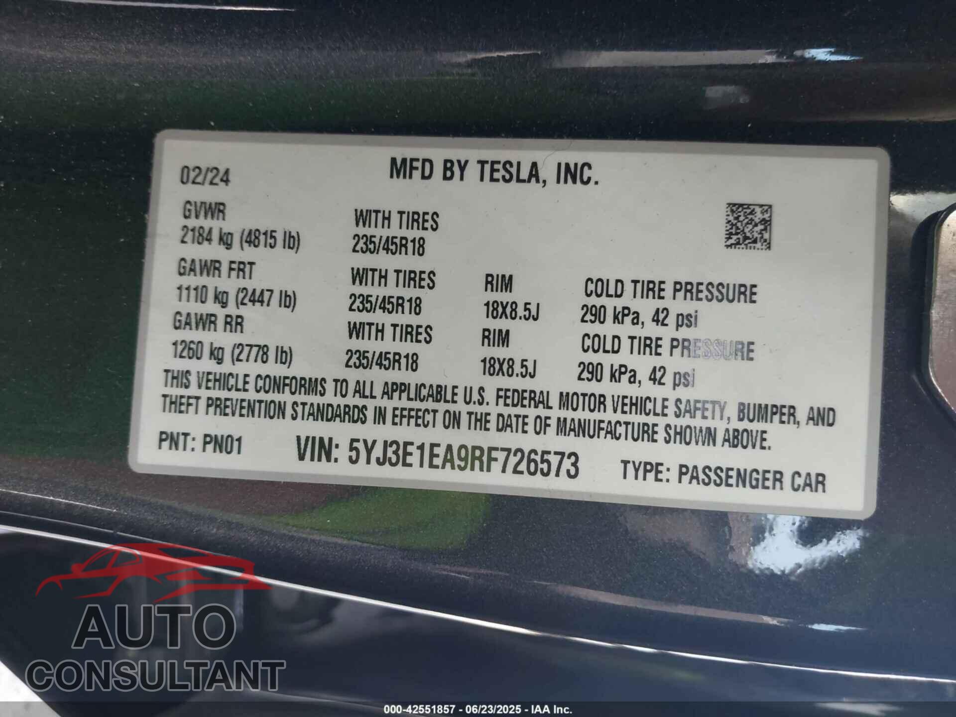 TESLA MODEL 3 2024 - 5YJ3E1EA9RF726573
