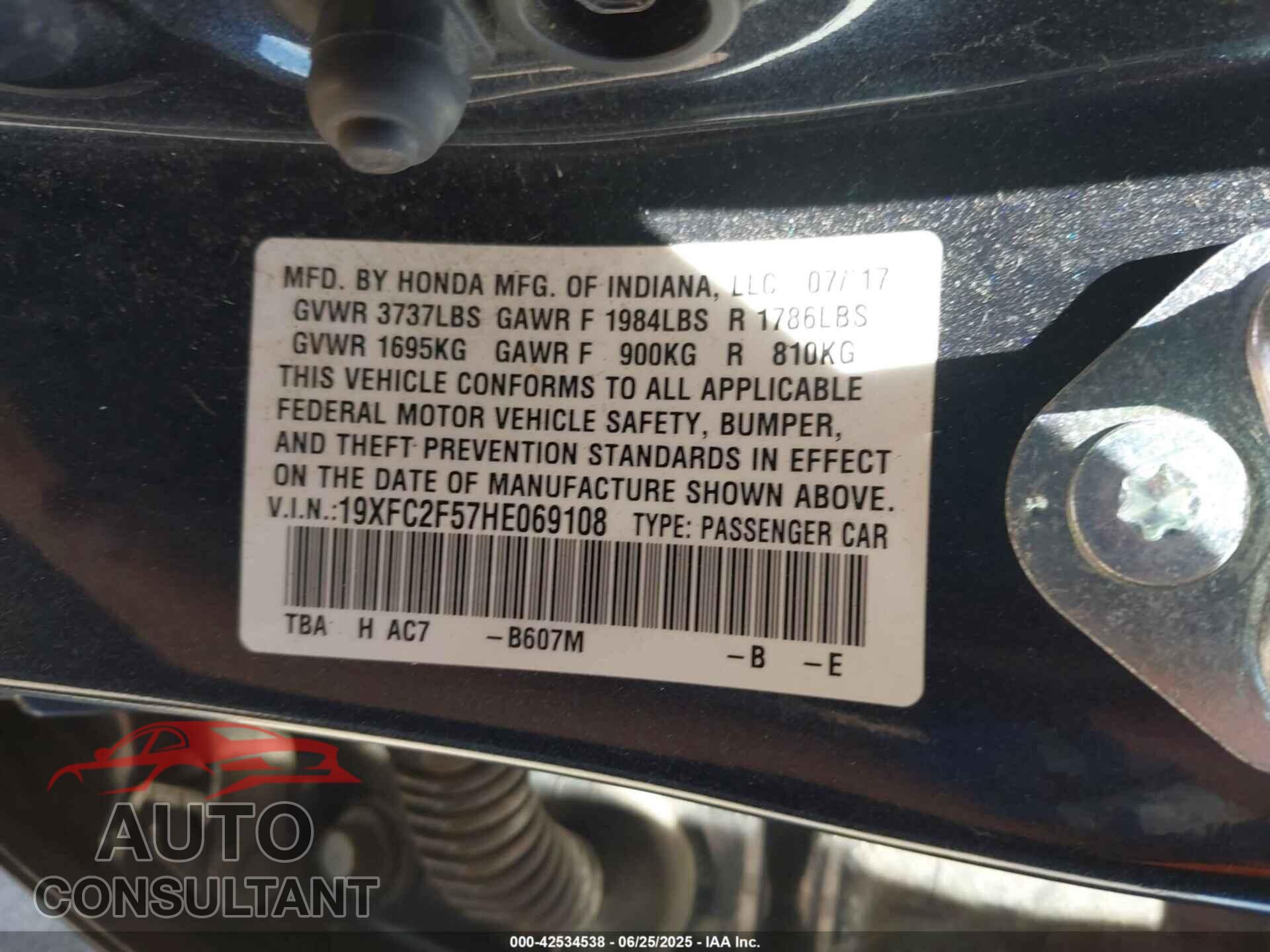 HONDA CIVIC 2017 - 19XFC2F57HE069108