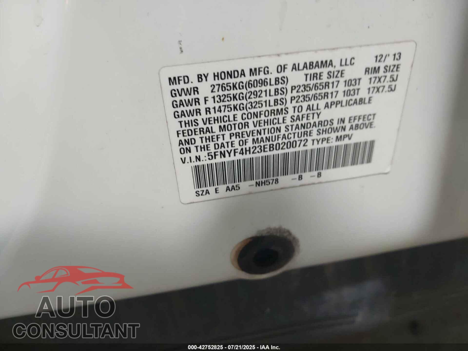 HONDA PILOT 2014 - 5FNYF4H23EB020072
