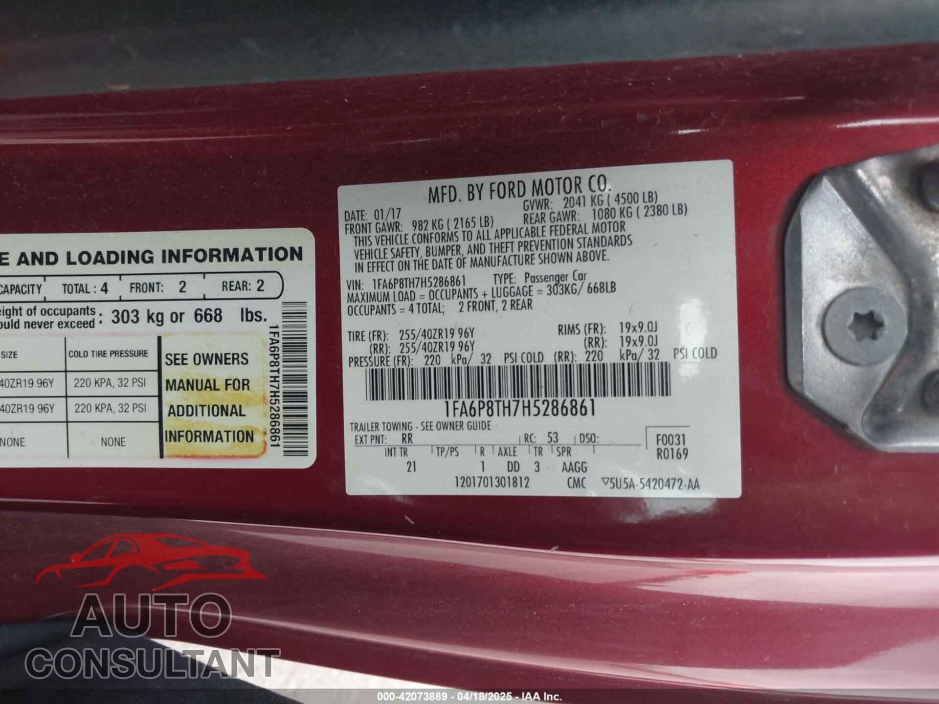 FORD MUSTANG 2017 - 1FA6P8TH7H5286861