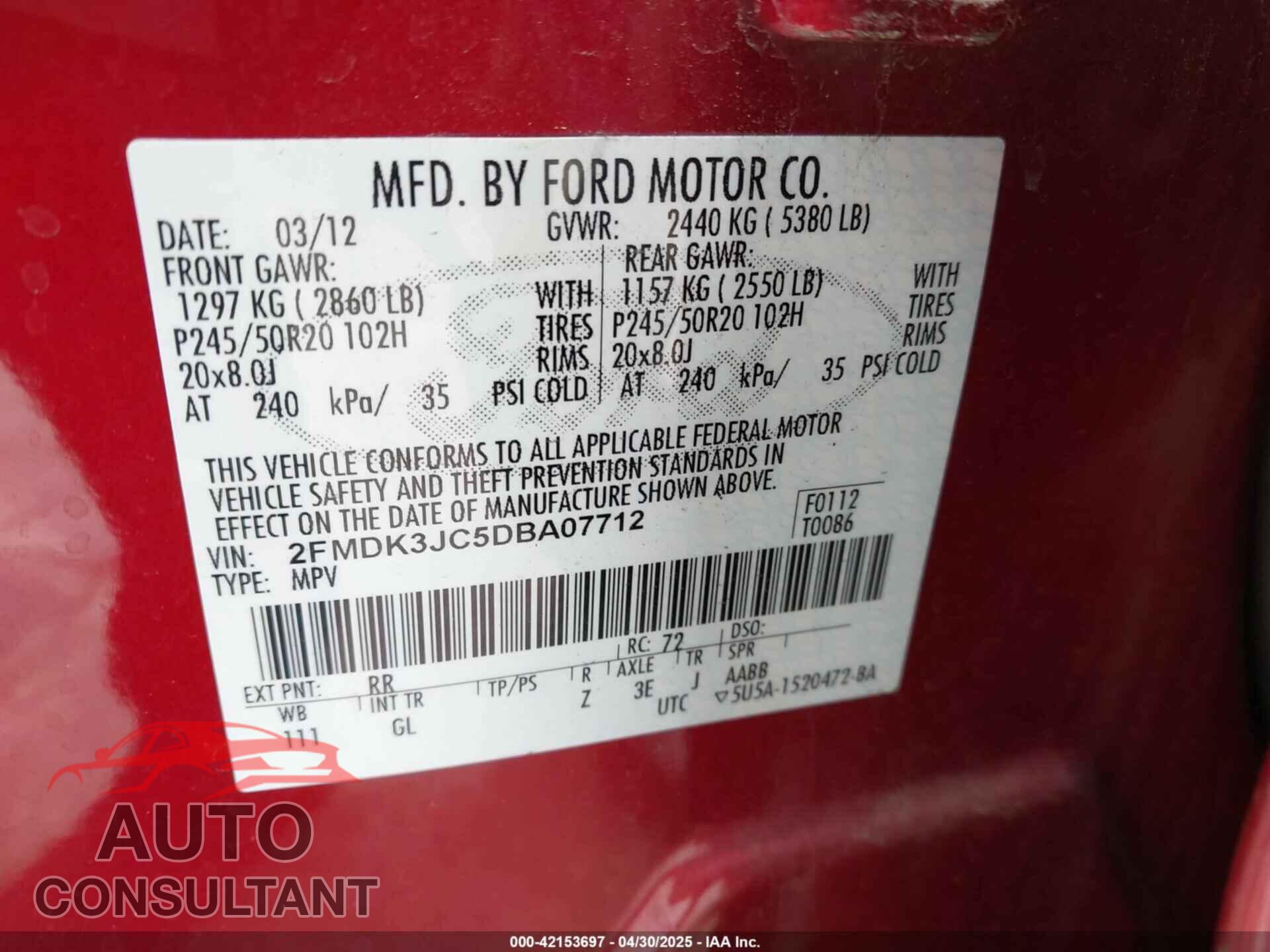 FORD EDGE 2013 - 2FMDK3JC5DBA07712