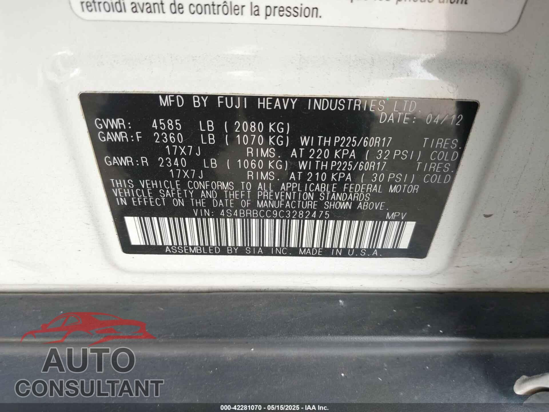 SUBARU OUTBACK 2012 - 4S4BRBCC9C3282475