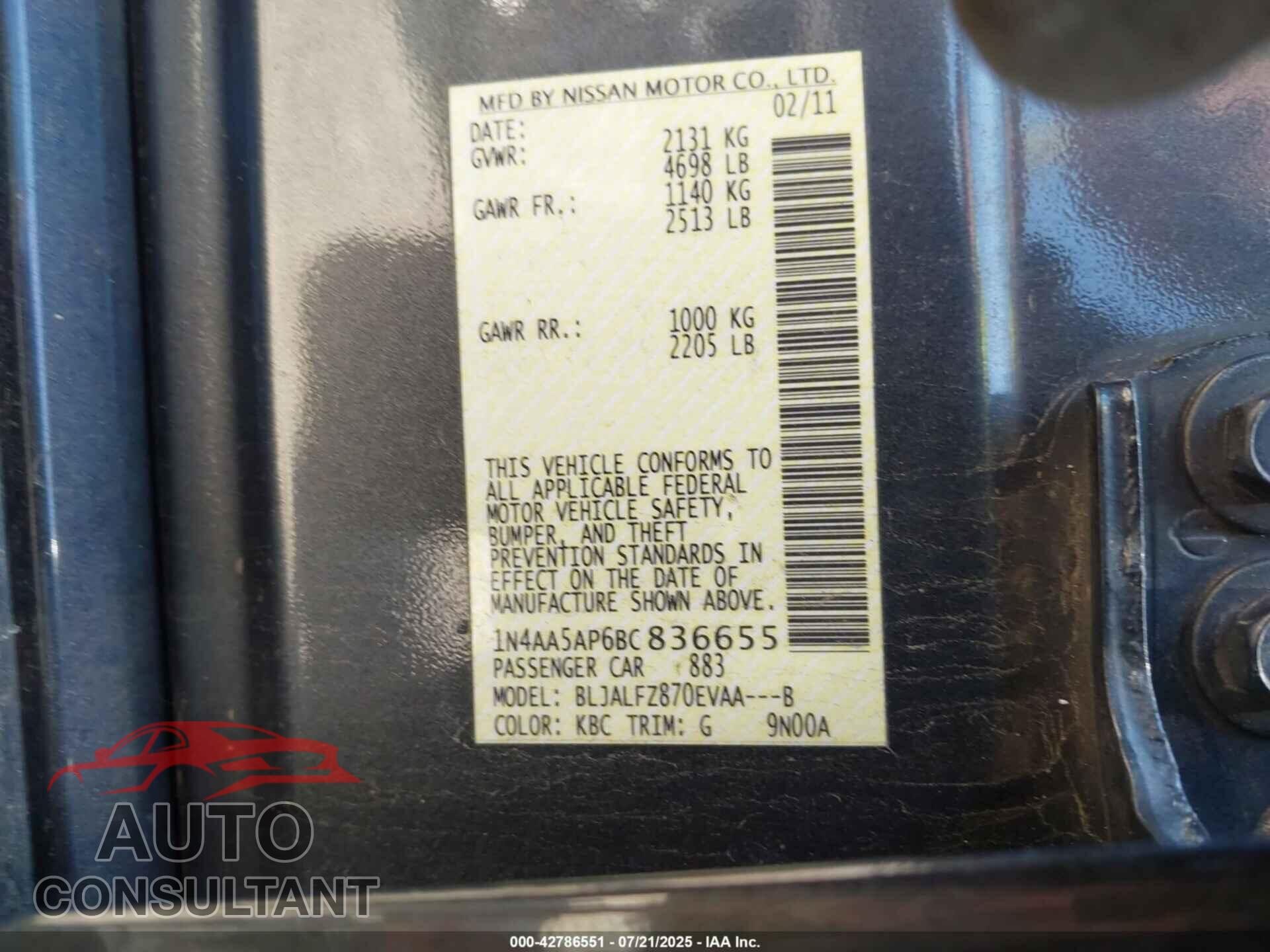 NISSAN MAXIMA 2011 - 1N4AA5AP6BC836655