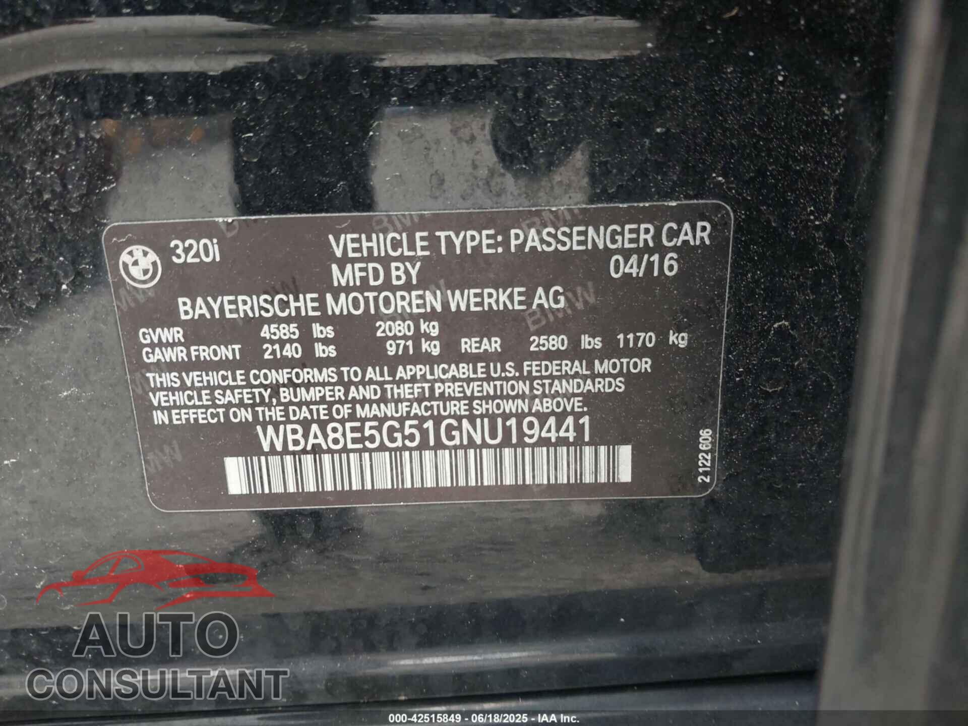 BMW 320I 2016 - WBA8E5G51GNU19441
