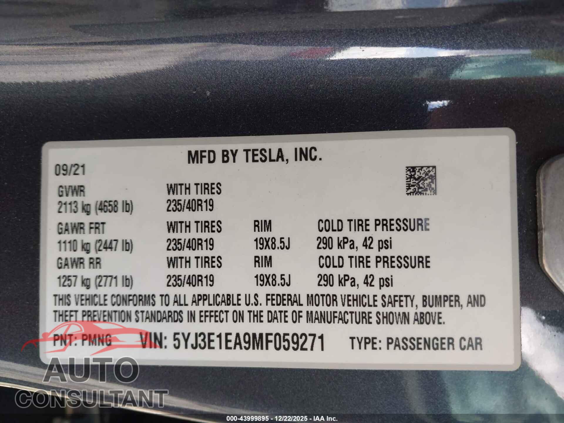 TESLA MODEL 3 2021 - 5YJ3E1EA9MF059271
