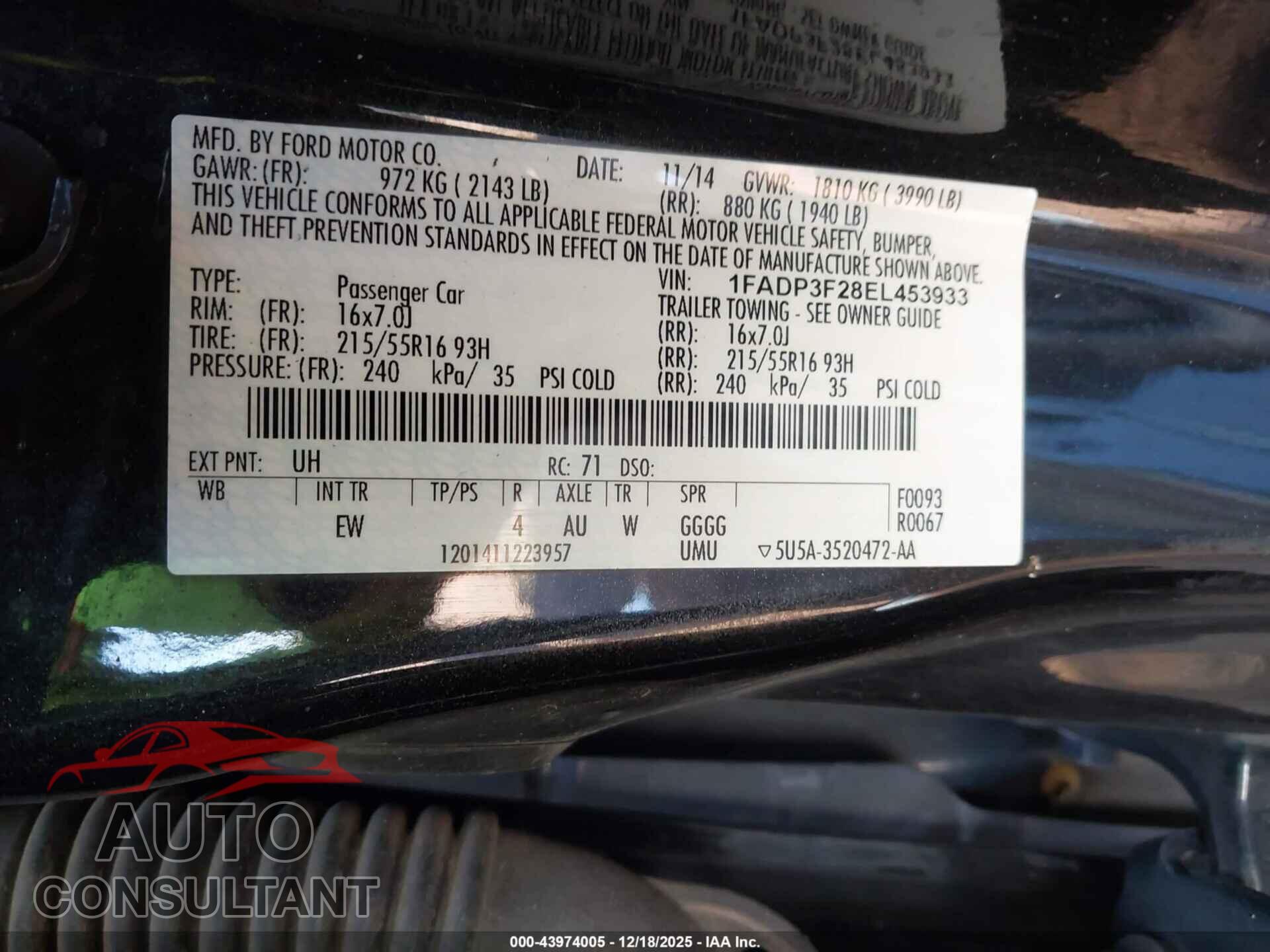 FORD FOCUS 2014 - 1FADP3F28EL453933