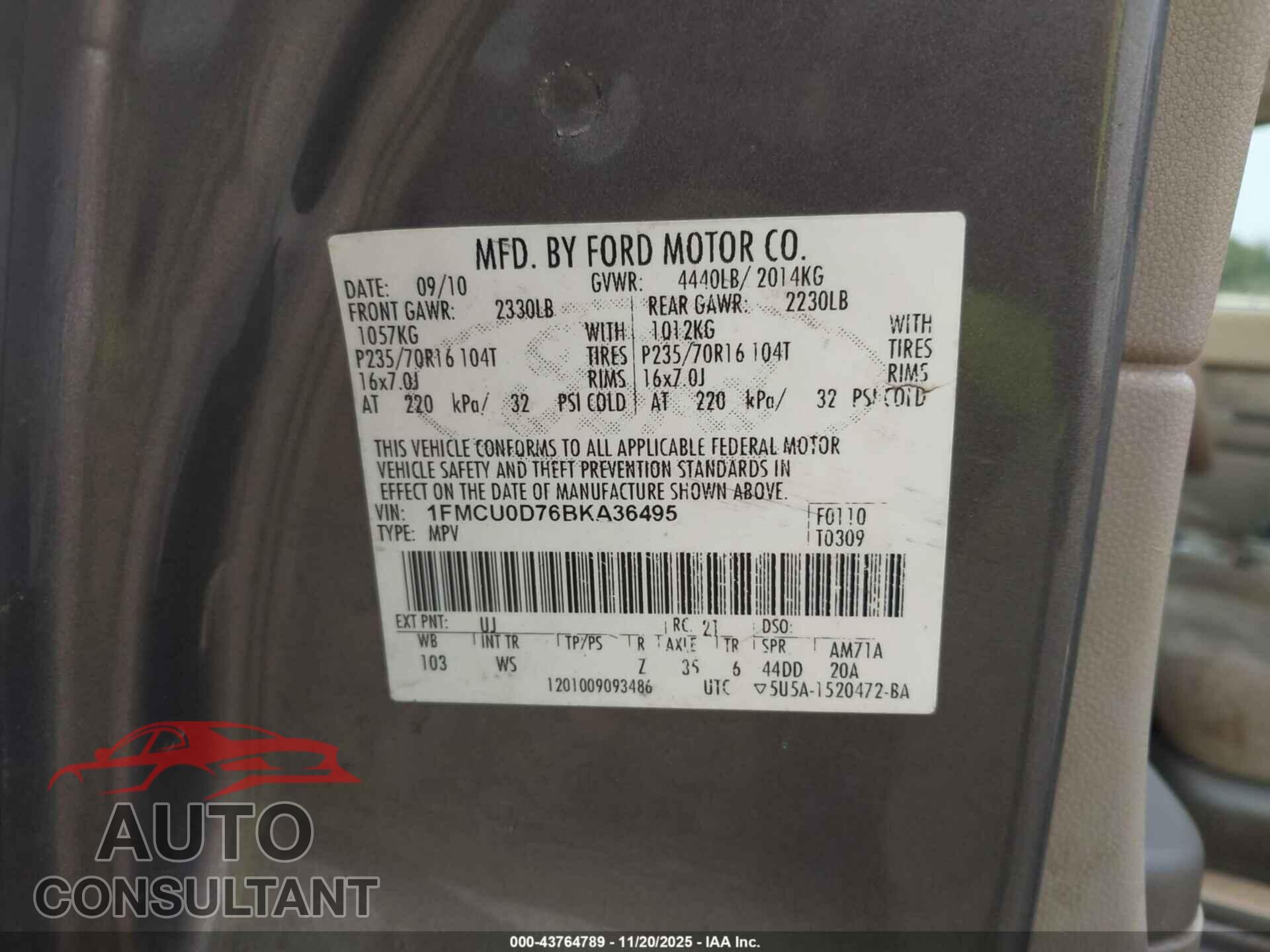 FORD ESCAPE 2011 - 1FMCU0D76BKA36495