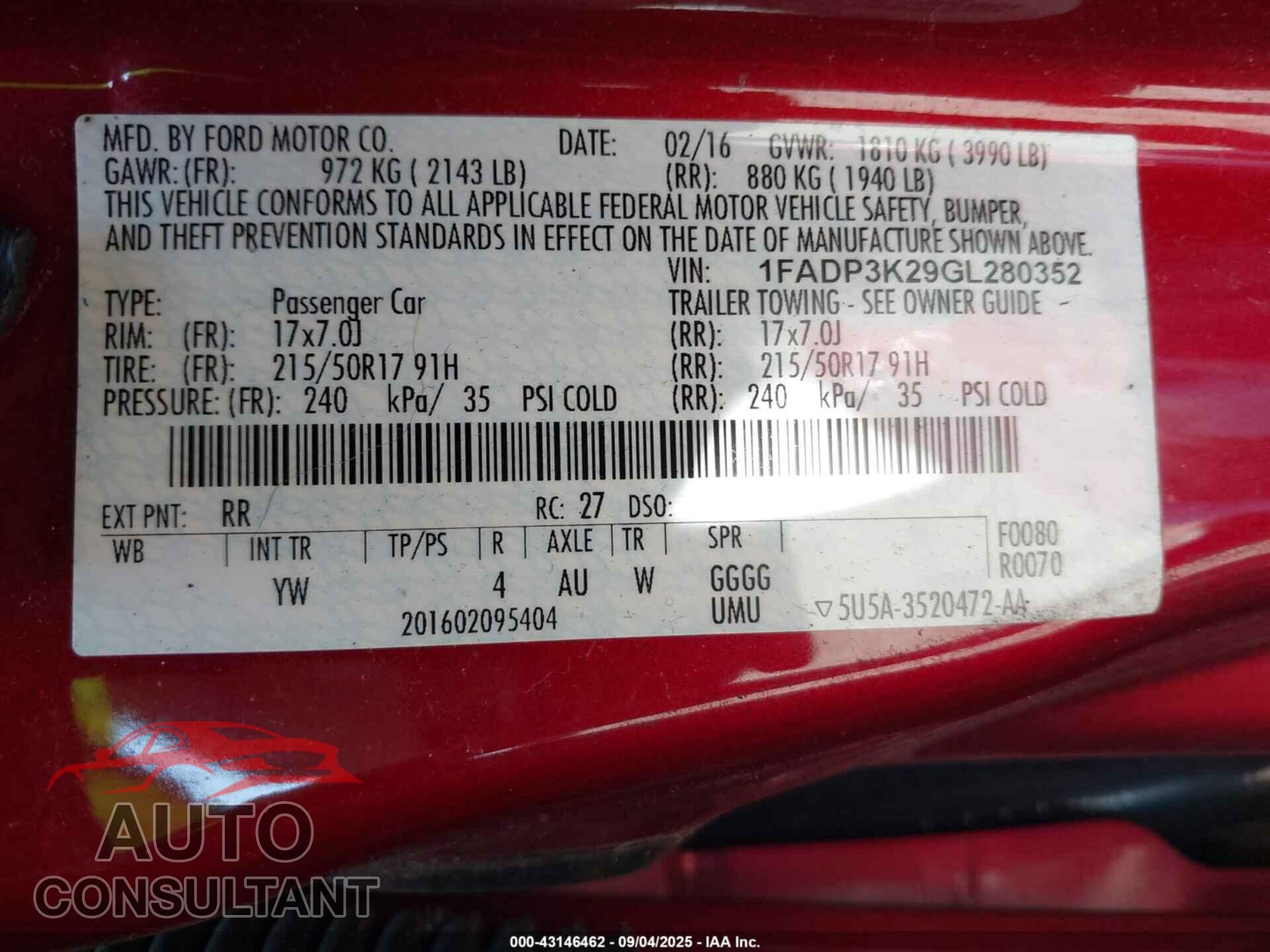 FORD FOCUS 2016 - 1FADP3K29GL280352