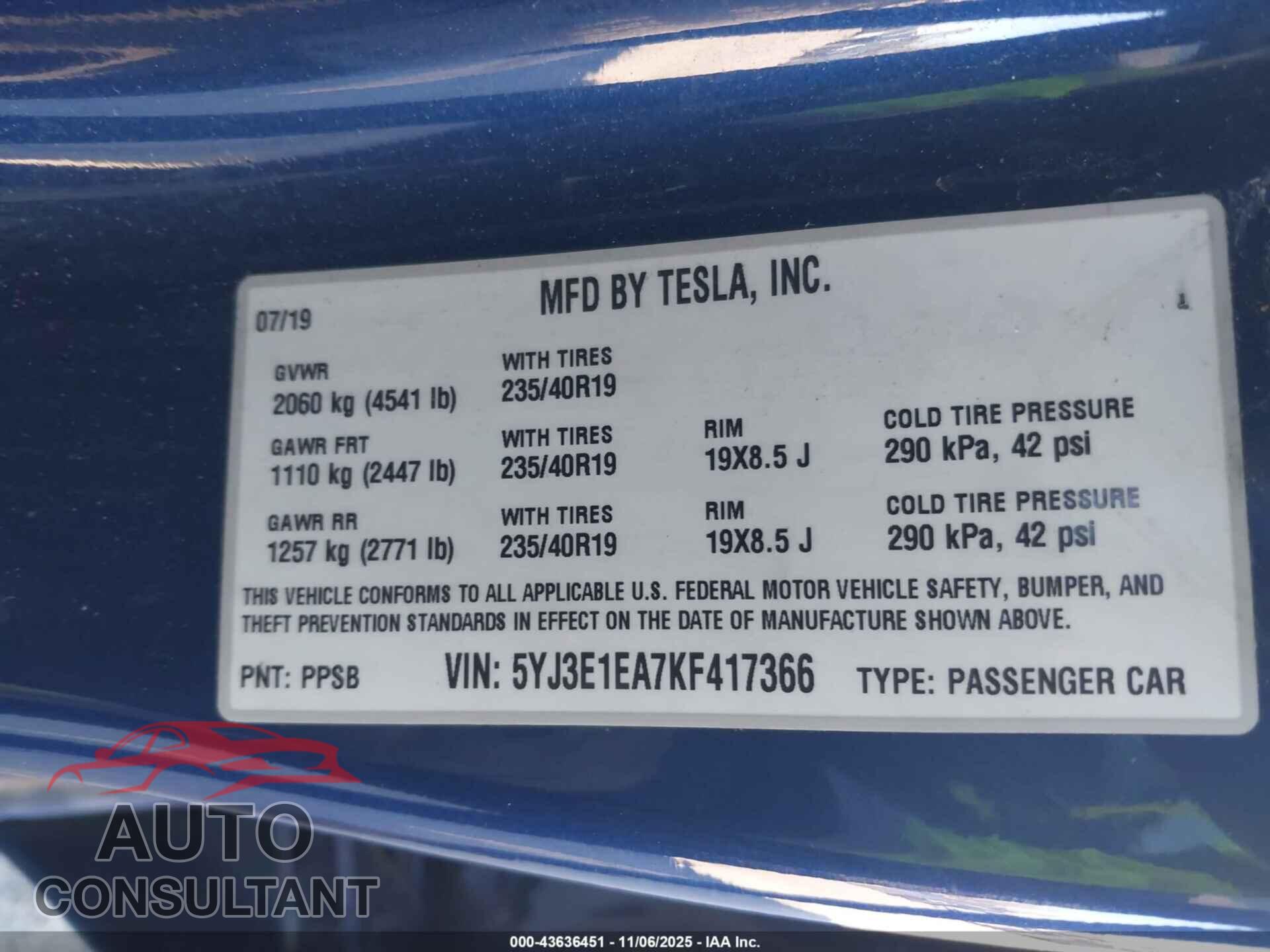 TESLA MODEL 3 2019 - 5YJ3E1EA7KF417366