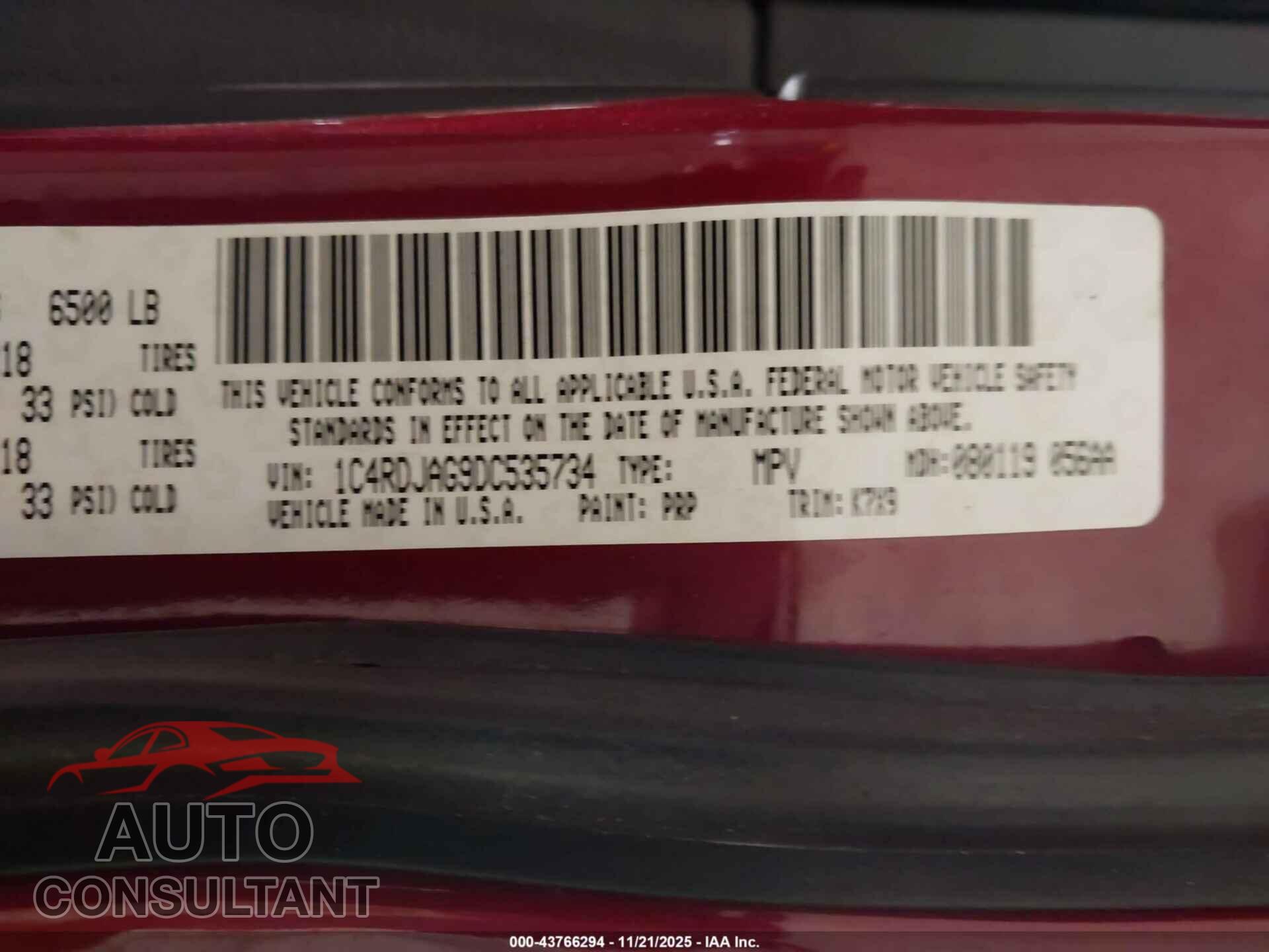 DODGE DURANGO 2013 - 1C4RDJAG9DC535734